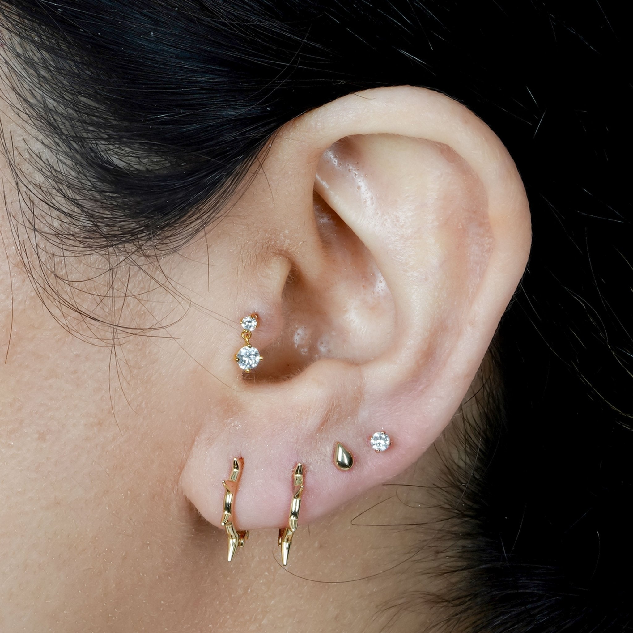 14K Yellow Gold Double Diamond Drop Flat Back Stud Earrings - Elegant & Dainty for Everyday Wear, Parties & Gifts