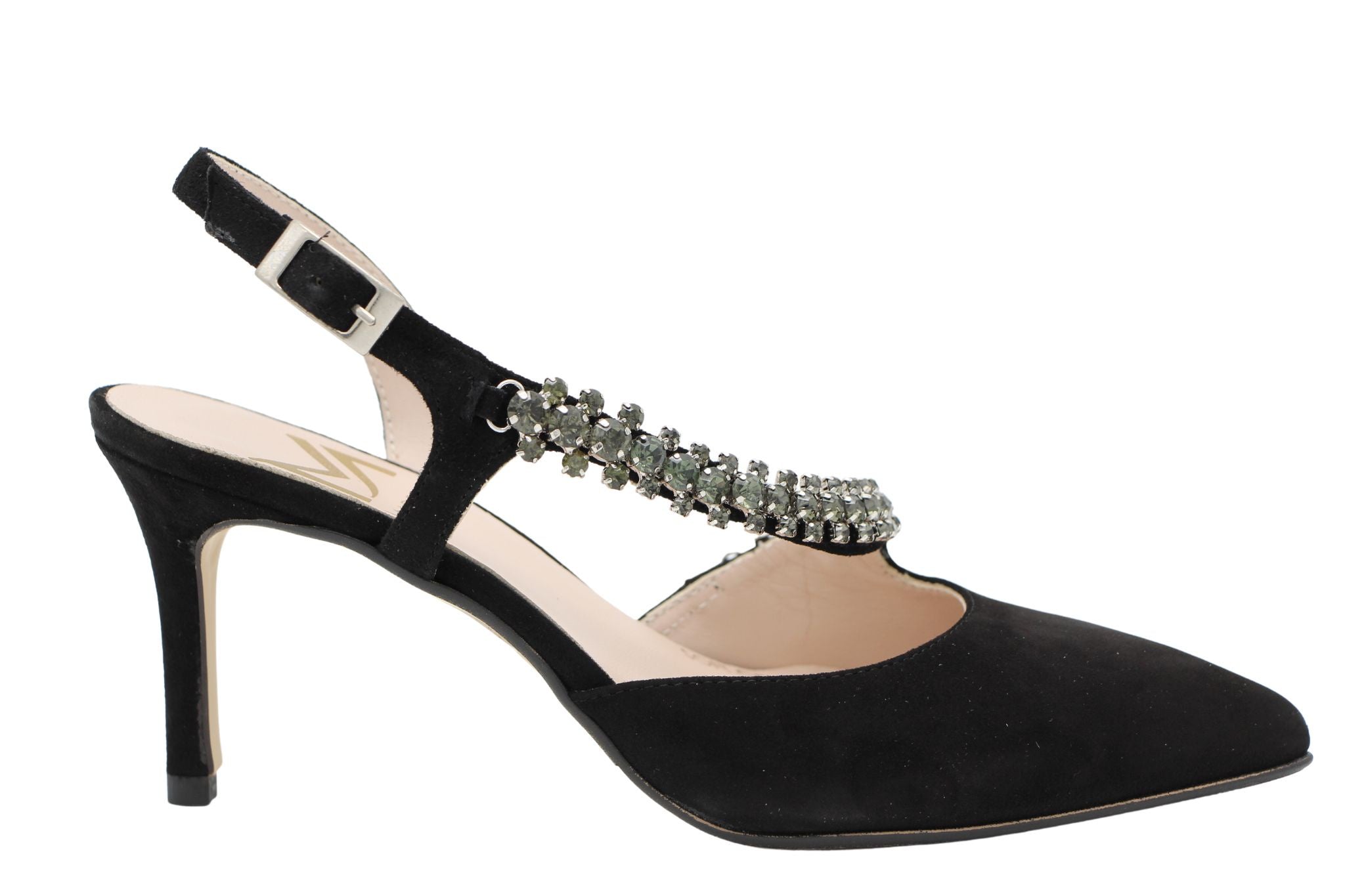 MARIAN Black Suede Slingback Heels with Diamante Jewelry - Elegant Women's Dress Shoes for Parties, Weddings & Evening Events
