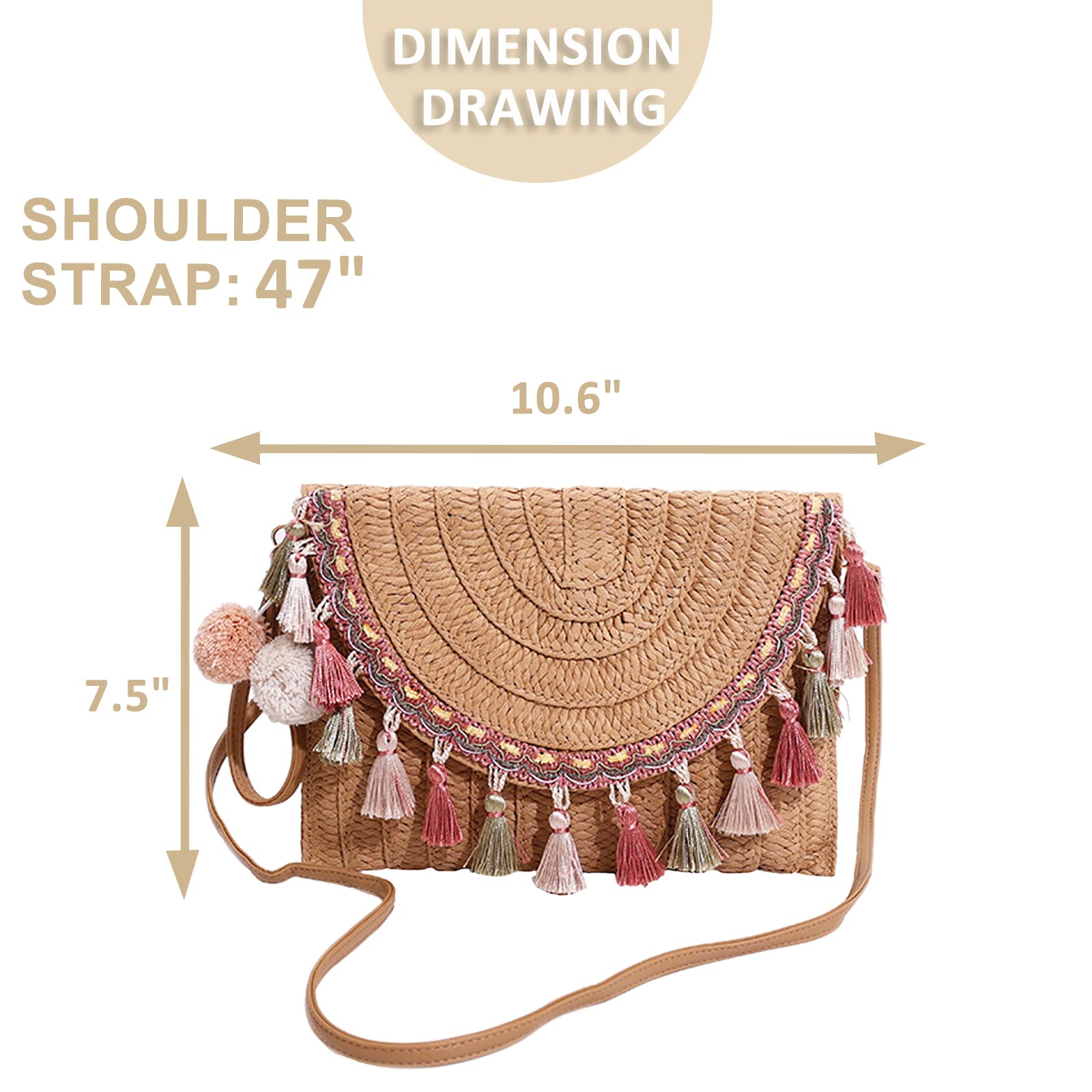 Women's Bohemian Straw Clutch Purse with Tassels - Crossbody Envelope Bag for Vacation, Travel & Daily Outfits (Khaki) - Perfect for Beach Trips, Festivals & Casual Wear
