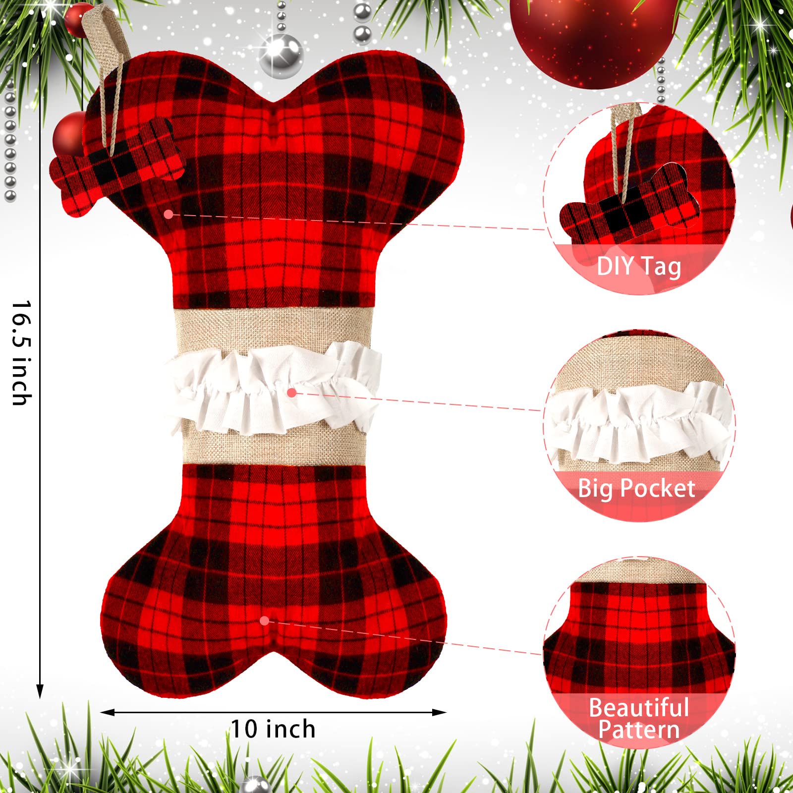 Frienda 3-Piece Buffalo Plaid Christmas Stockings for Dogs - 16.5x10 Inch Red & Black Burlap Pet Stockings with Bone Design - Large Hanging Xmas Tree Decorations for Pets (Classic Style) - Perfect for Holiday Pet Photos & Christmas Morning Surprises