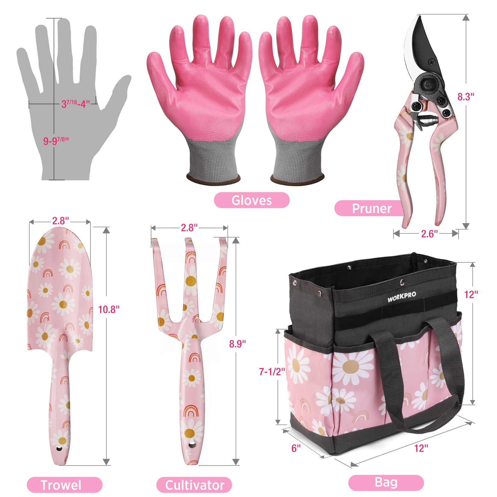 WORKPRO 5-Piece Heavy Duty Aluminum Gardening Tool Set with Storage Bag - Ergonomic Garden Tools for Planting, Weeding & Landscaping - Perfect Gardening Gifts for Women (Pink) - Ideal for Home Gardens, Flower Beds & Outdoor Yard Work