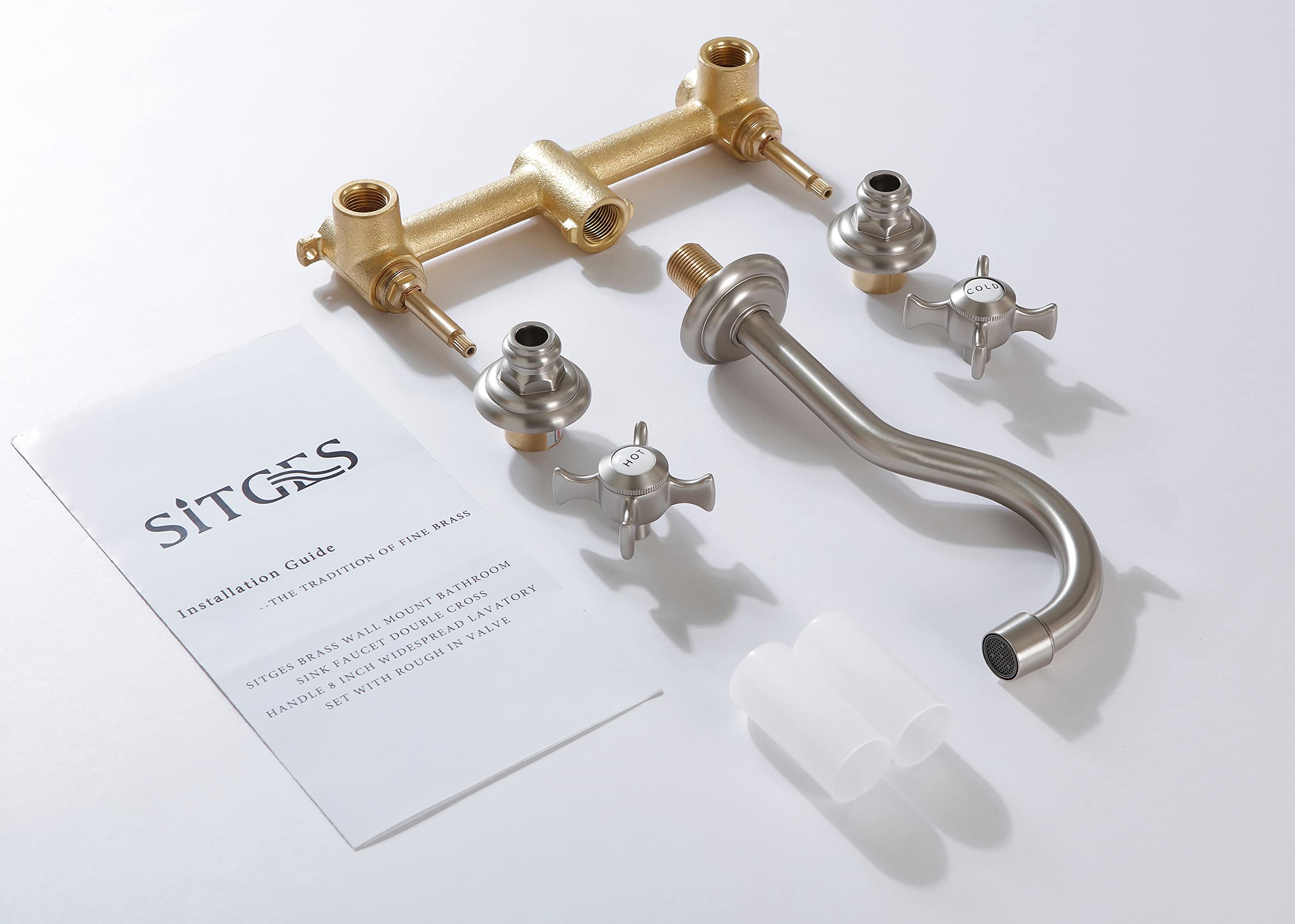 SITGES Brushed Nickel Wall Mount Bathroom Sink Faucet - 2 Handle Wall Mounted Faucet with Rough-in Valve - Perfect for Modern Bathroom & Powder Room Renovations