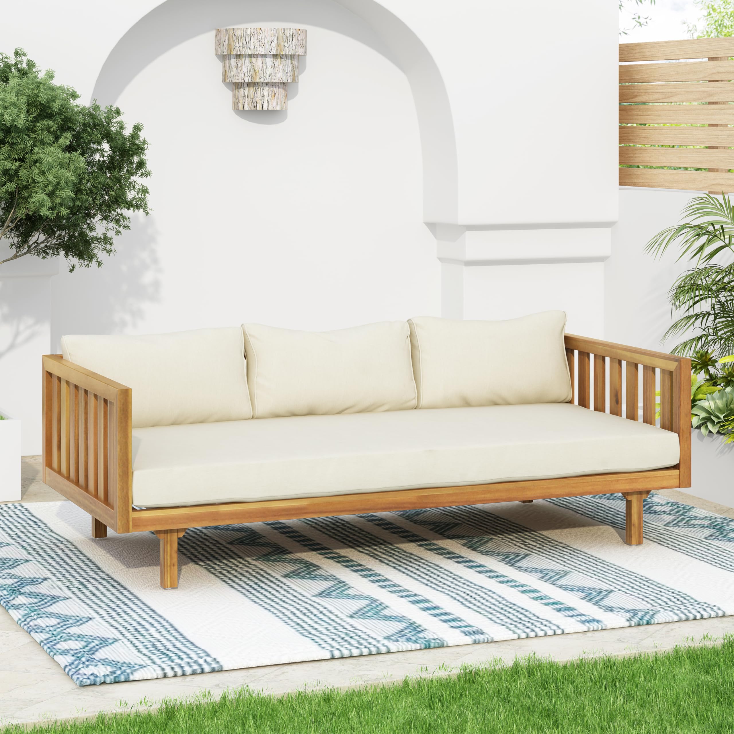 Modern 3-Seater Wooden Sofa Bed with Armrests - Waterproof Fabric Upholstery & Removable Cushions - Teak-Beige Outdoor Daybed for Garden, Patio, Balcony, or Indoor Living Room - Durable Teak Wood Frame for Relaxation and Entertaining