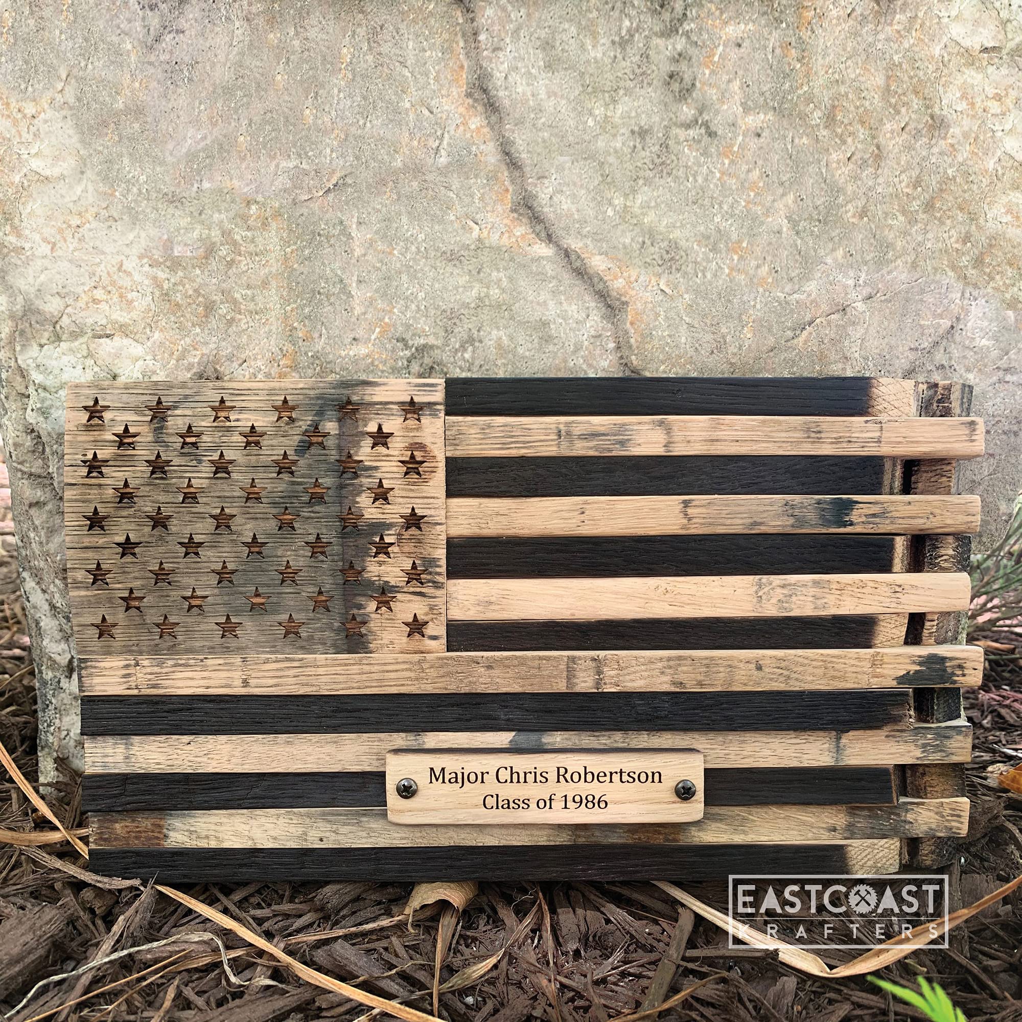 Handmade Bourbon Barrel Stave Gadsden Flag Display - American Made Wooden Wall Decor - Perfect for Home, Office, or Man Cave Decorating