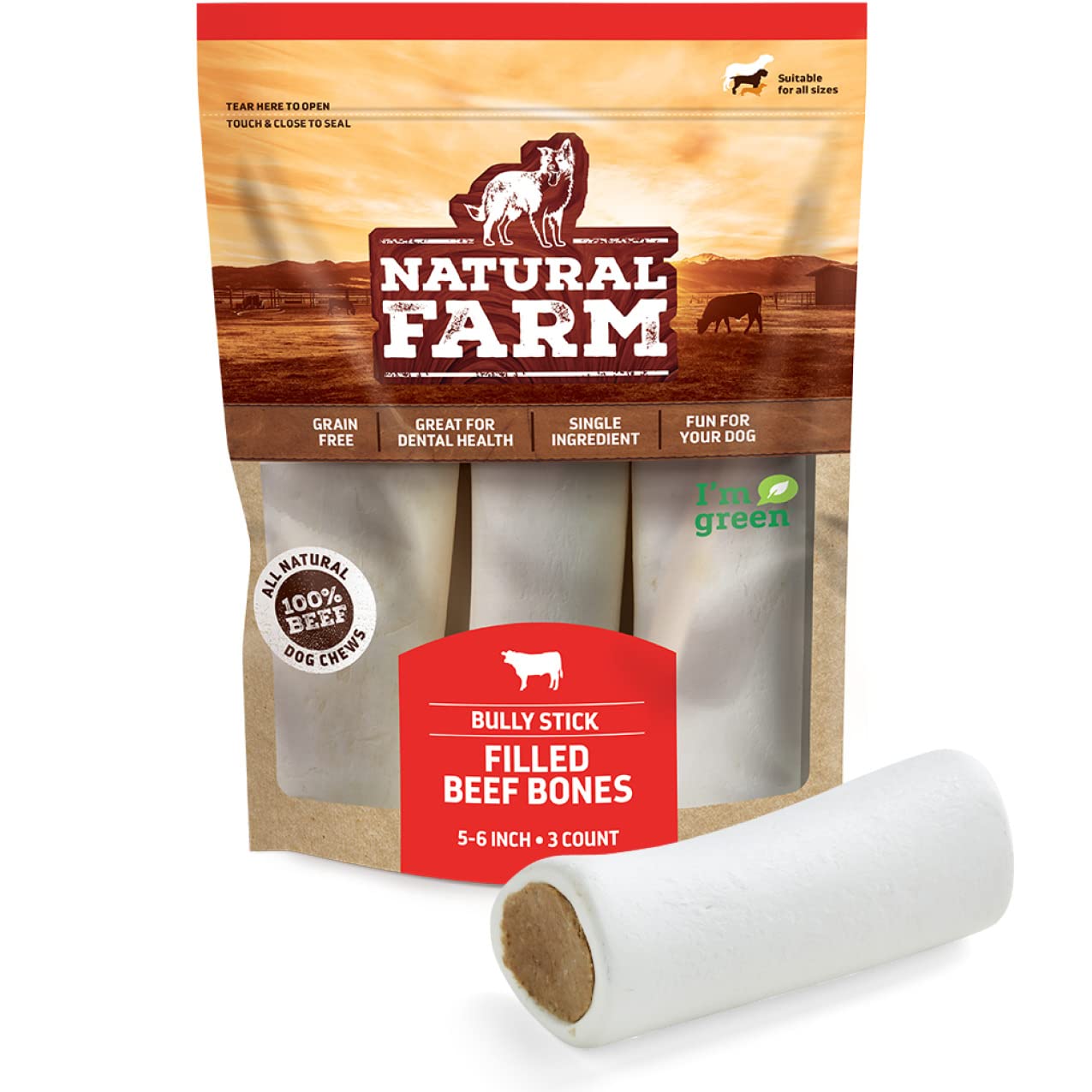 Natural Filled Dog Bones with Bully Stick Flavor – Limited Ingredient Dental Chew Treats for Large Dogs (5-6 Inch, 3 Pack) – Perfect for Teething, Training & Dental Health