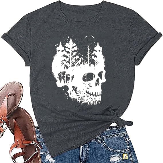 Funny Women's Skull Graphic T-Shirt - Vintage Skeleton Print Gothic Tee - Casual Short Sleeve Holiday Top for Halloween, Concerts & Casual Wear