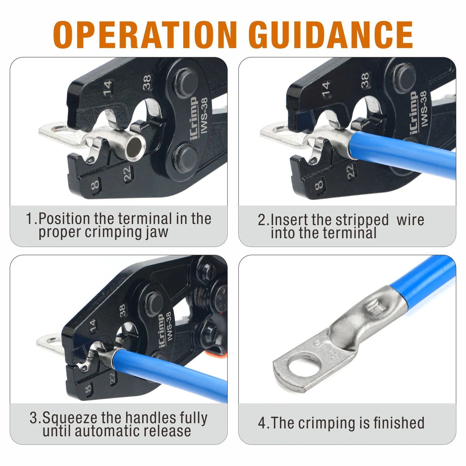 IWS 38 Non-Insulated Terminal Crimping Tool for AWG 8-2 - Professional Wire Crimper for Butt, Splice, Open & Plug Connectors - Perfect for Automotive, Electrical & DIY Projects