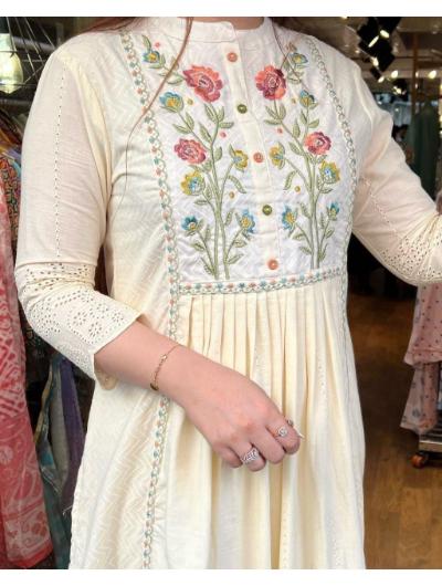 Elegant White Cotton Chikan Embroidered Anarkali Suit for Women | Traditional Indian Kurti Dress | Perfect for Weddings, Festivals & Special Occasions