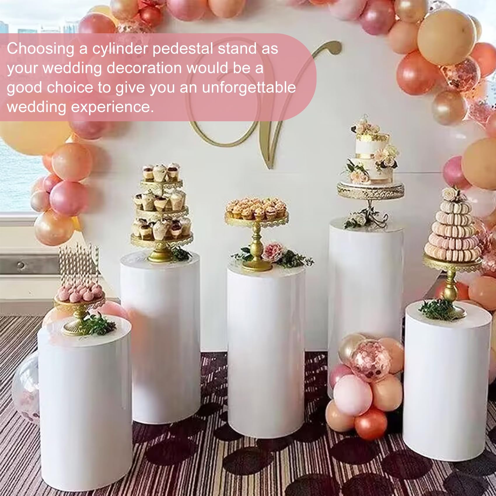 Premium Metal Cylinder Pedestal Stands - Set of 5 Reusable Round Display Pillars for Dessert Tables, Birthday, Wedding & Baby Shower Decorations (White) | Perfect for Cake Displays, Centerpieces & Party Decor