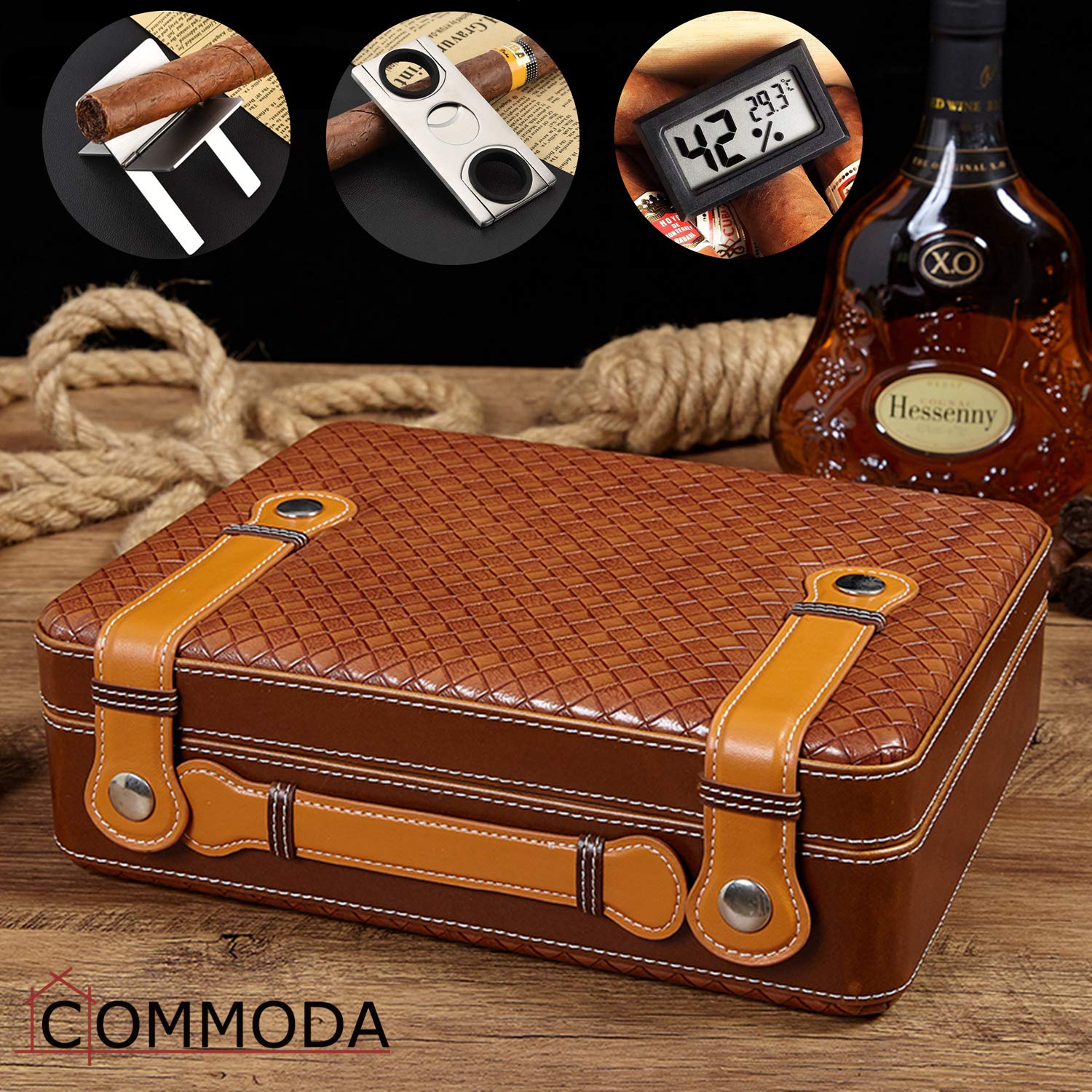 Premium Portable Genuine Leather Cigar Travel Case with Cedar Humidor - Wooden Cigar Box Set Includes Cutter Stand & Free Digital Hygrometer Thermometer - Perfect for Outdoor Travel, Gifts & Cigar Storage