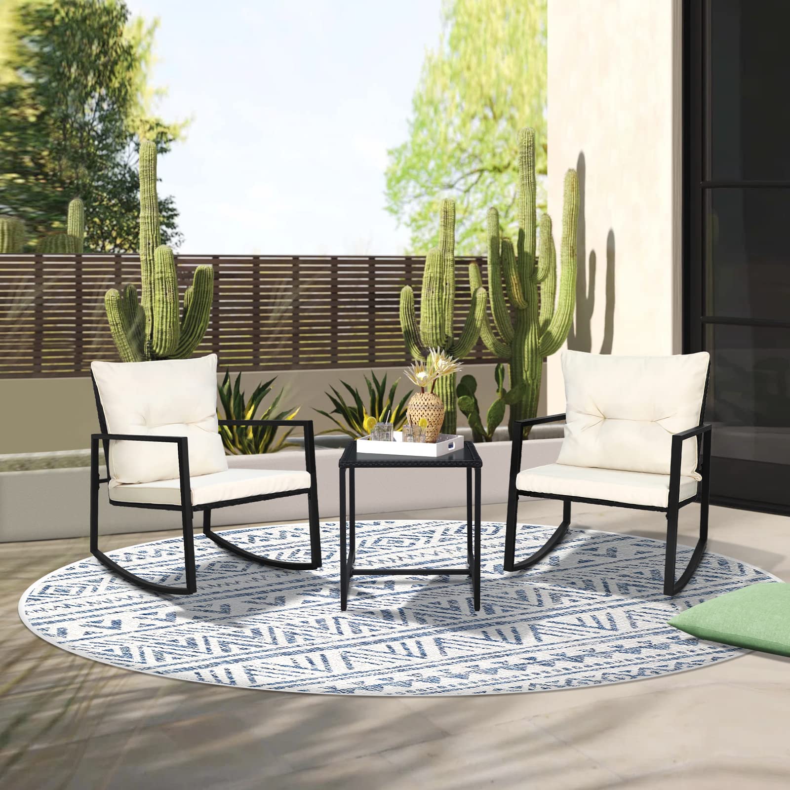 SUNCROWN 3-Piece Outdoor Rocking Bistro Set - Black Wicker Patio Furniture with Glass Coffee Table, Beige Cushions - Perfect for Porch, Garden, and Backyard Relaxation