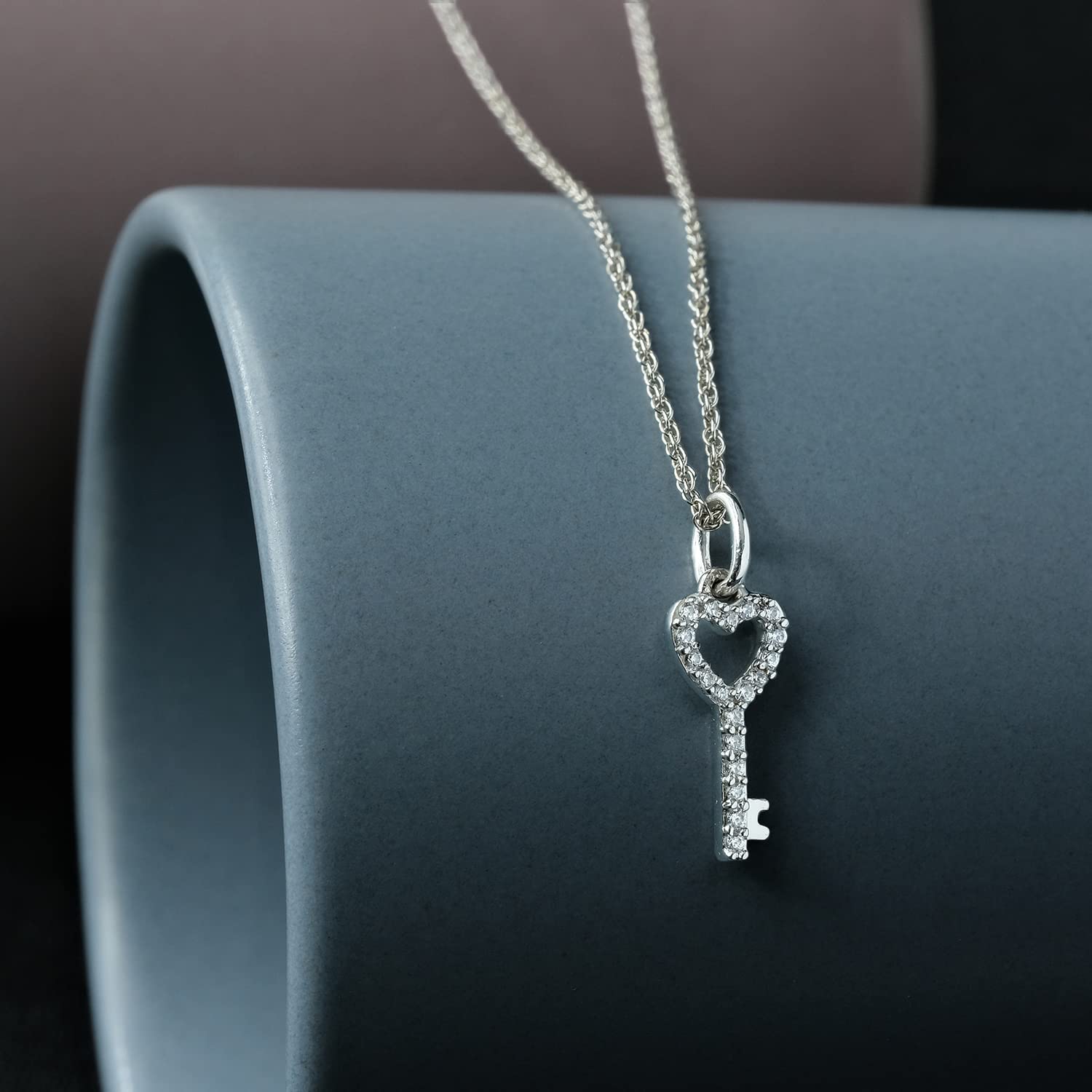 1/10cttw Diamond Heart Key Pendant Necklace for Women - 10K White Gold Key Heart Pendant with Round White Diamonds - 18