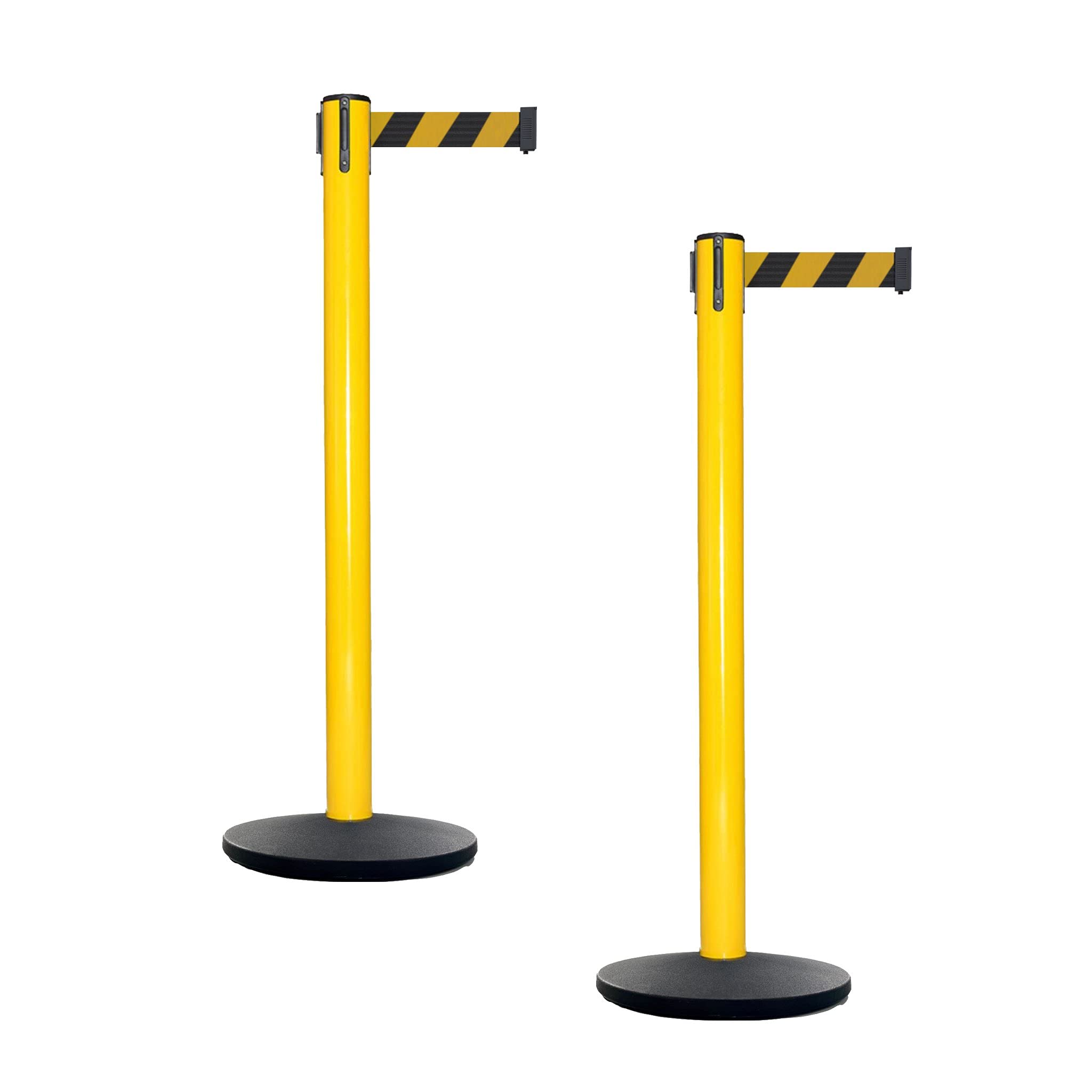 CCW Set of 2 Retractable Belt Barrier Stanchions with Cast Iron Base - Yellow Post & 11ft Black/Yellow Diagonal Belt (IRBB-100) - Perfect for Crowd Control in Retail Stores, Events & Public Spaces