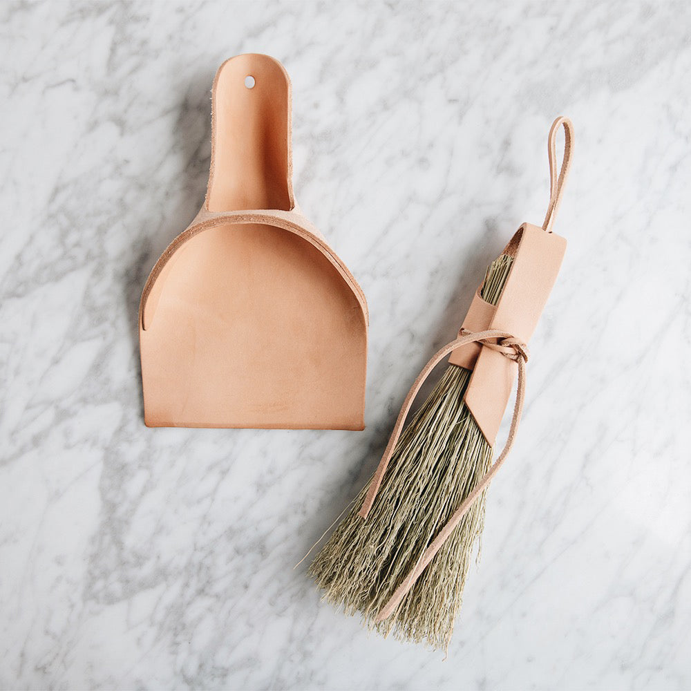 Premium Leather Dustpan and Brush Set - Heavy Duty Cleaning Tools for Home, Kitchen, and Garage - Perfect for Pet Hair, Dust, and Debris Removal