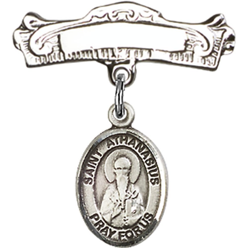 St. Athanasius Sterling Silver Baby Badge with Arched Polished Pin - 7/8 X 7/8 Inches - Perfect for Christening, Baptism & First Communion Gifts