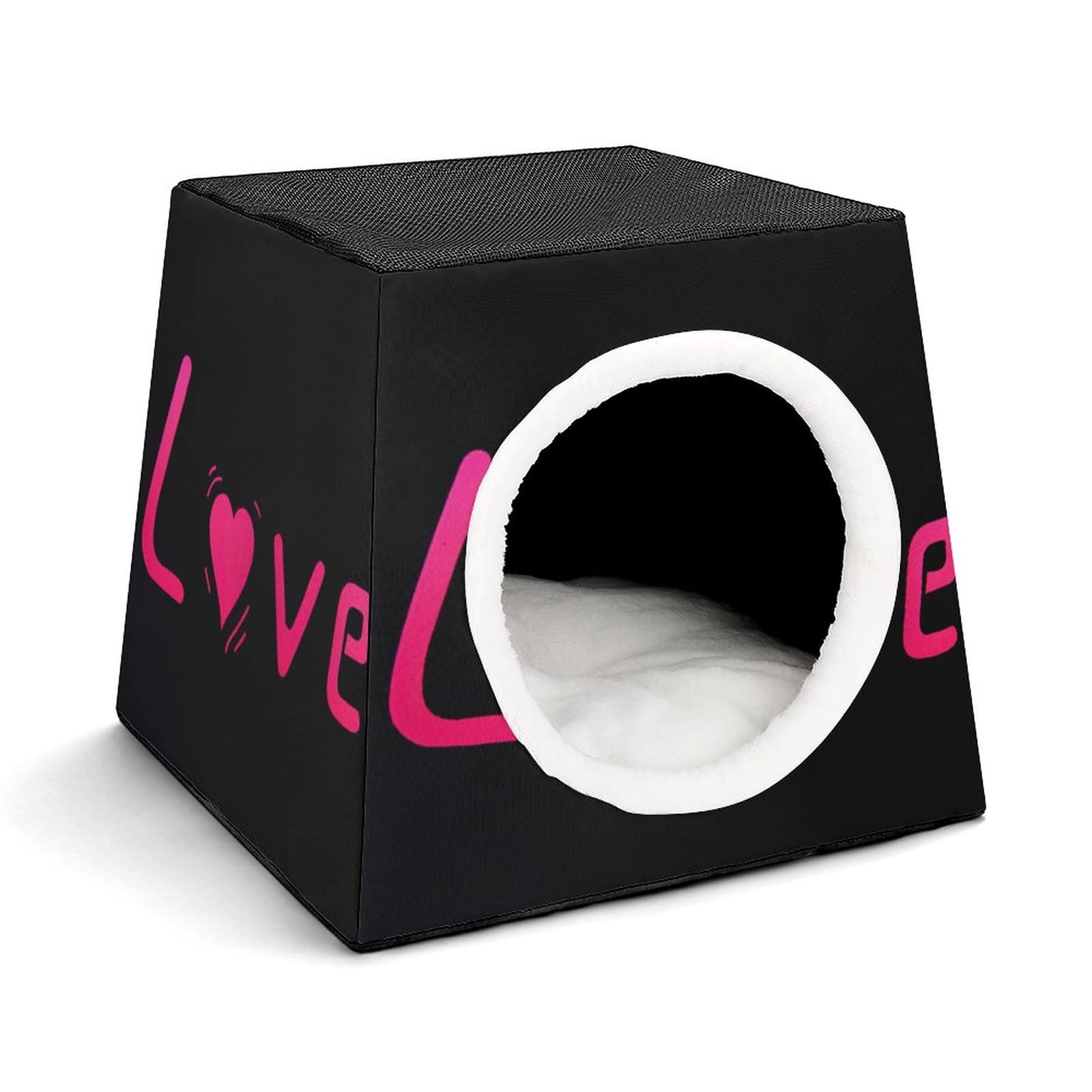 3-in-1 Cat House Bed & Sofa - Printed Kitty Cube Shelter for Indoor/Outdoor Use - Heart Pink Design - Perfect for Living Room, Patio or Garden Cat Nap Spot