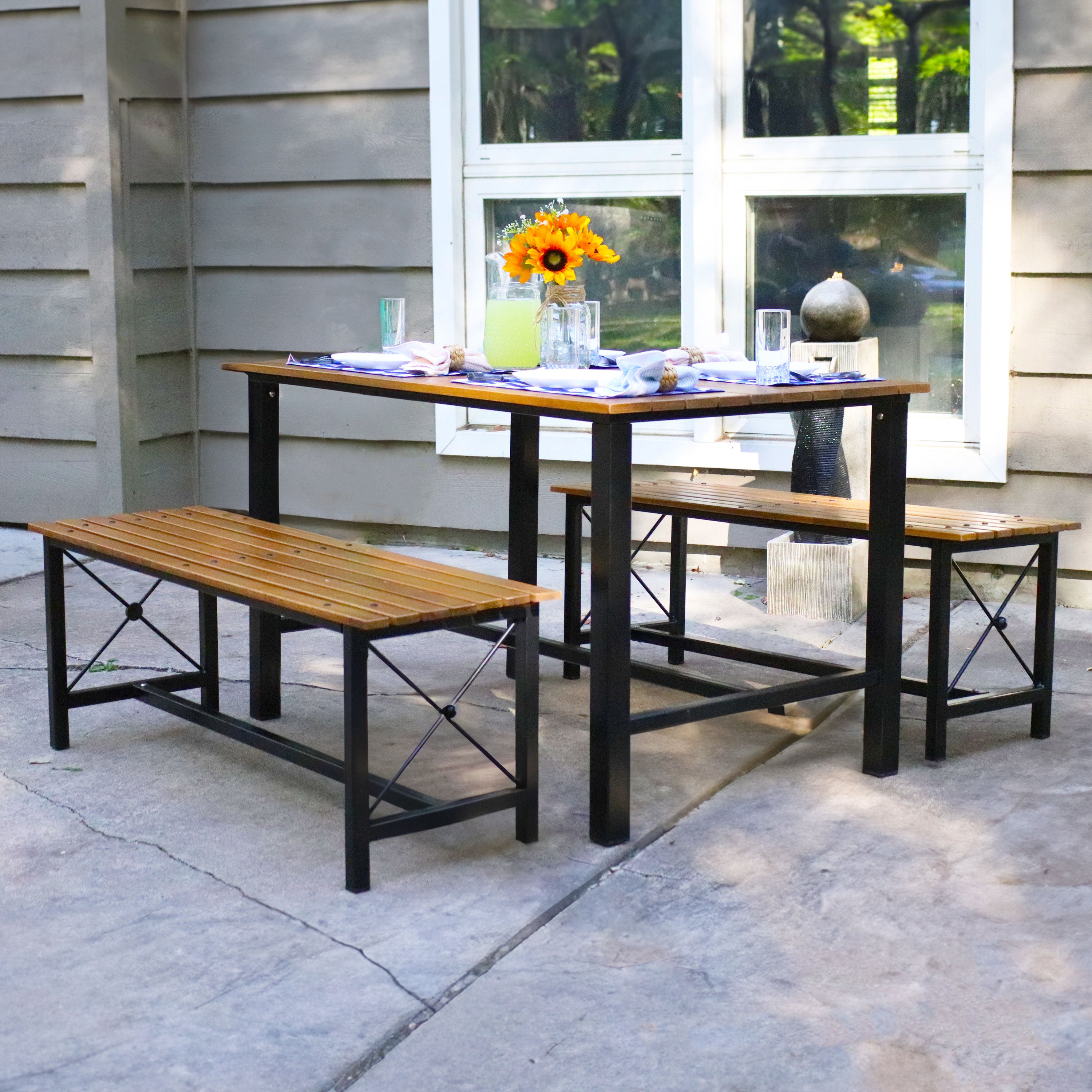 Sunnydaze European Chestnut 3-Piece Patio Dining Set - Outdoor Furniture for Garden, Backyard, and Poolside Dining