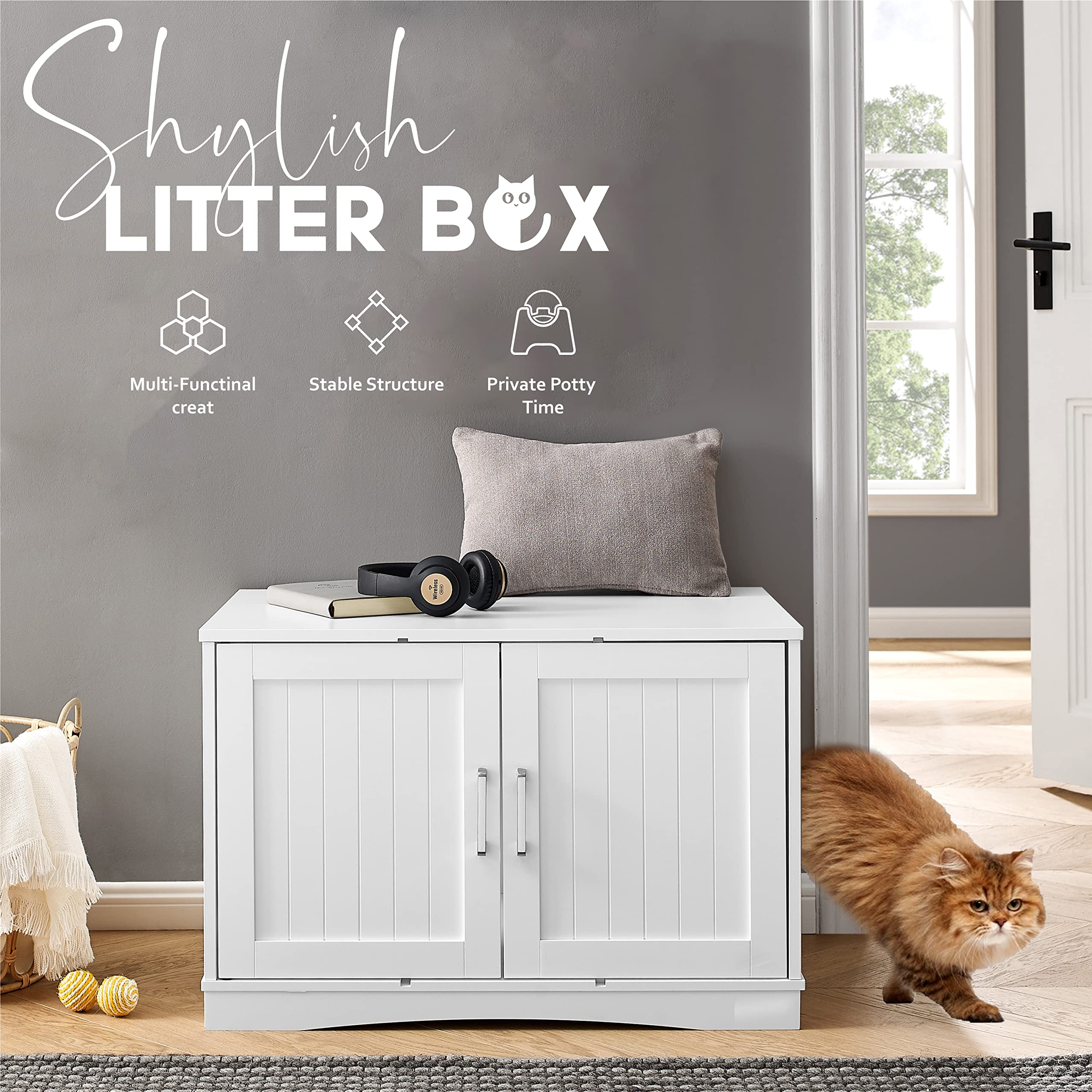 Stylish Cat Washroom Storage Bench - Litter Box Enclosure Furniture with Table | Spacious Hidden Storage | Easy to Assemble | Fits Most Litter Boxes | Modern White Design | Perfect for Small Spaces & Home Decor