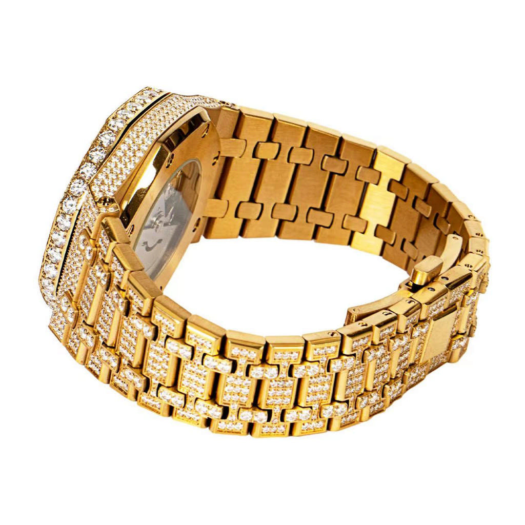 Luxury Yellow Tone Skeleton Dial Stainless Steel Moissanite Watch for Men - Perfect for Formal Events, Business Meetings & Special Occasions
