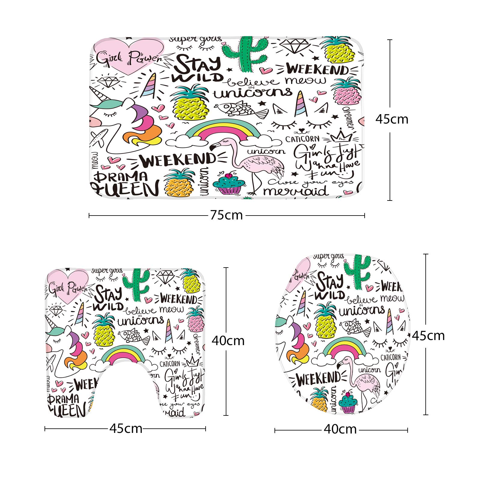 Non-Slip 3-Piece Bathroom Mat Set - Cute Unicorn, Ice Cream, Pineapple & Cherry Decor - Includes Bath Mat, Contour Mat & Toilet Cover | Soft, Absorbent & Waterproof for Kids & Teen Rooms