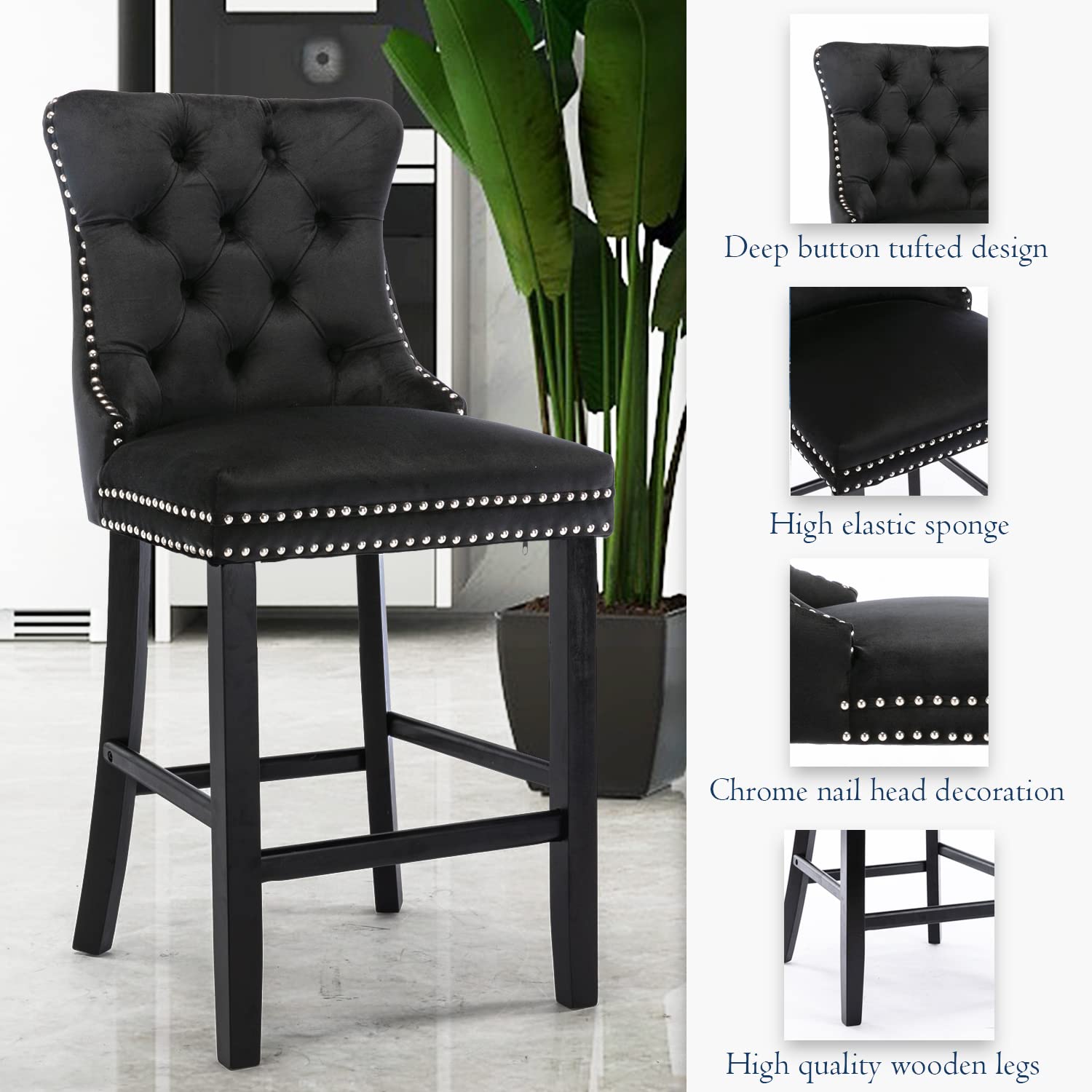 SoarFlash Modern Velvet Upholstered Bar Stools Set of 2 - Wooden Legs, Button Tufted Design with Chrome Nailhead Trim, Armless Counter Height Stools for Kitchen Island, Breakfast Bar or Home Decor (Black)