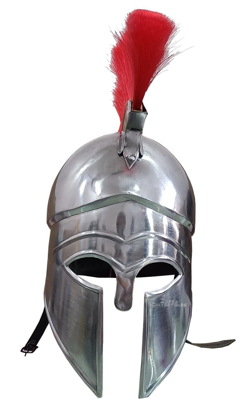 Roman Greek Corinthian Helmet with Red Plume - 18G Mild Steel Medieval Knight Warrior Armor - Spartan Helmet for Cosplay, Halloween Costume & Historical Reenactment