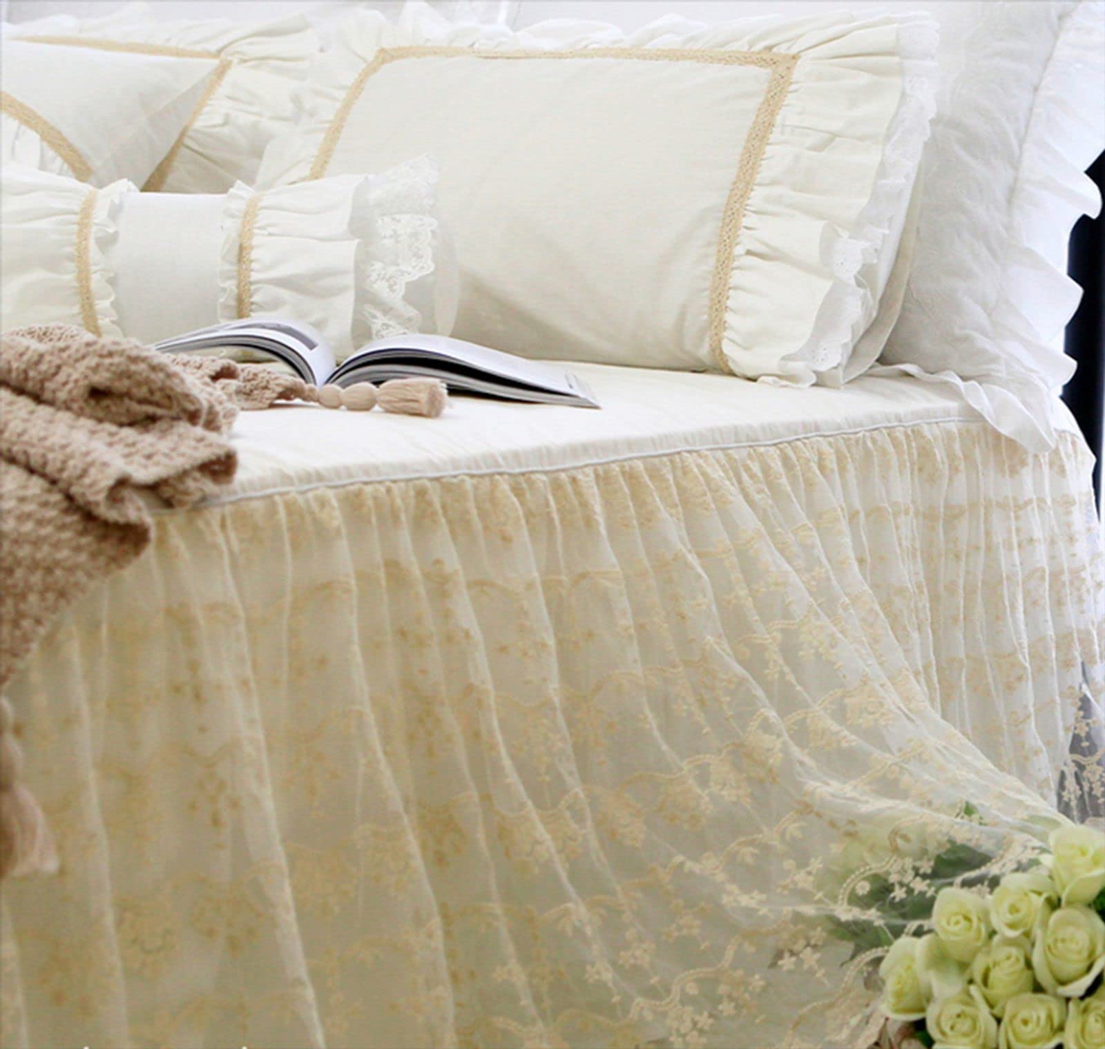 Premium Lace Trim Silky Soft Bed Skirt - Wrap Around Elastic Fabric Bedding for Full Size Beds (150x200cm/59x79inch) - Wrinkle-Resistant Split Corner Design - Perfect for Guest Rooms, Master Bedrooms & Luxury Hotel Decor