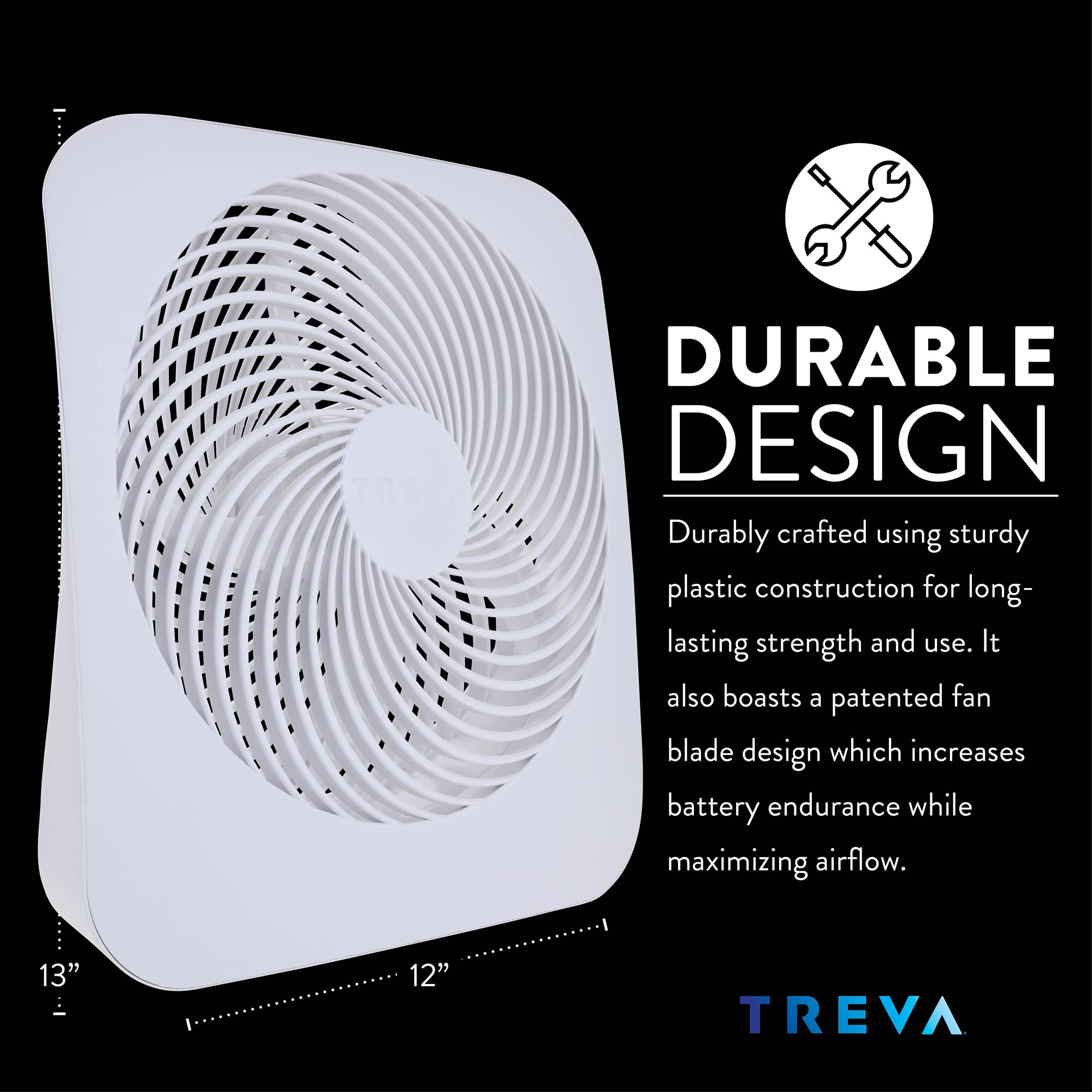 Treva 10-Inch Portable Fan - Battery & AC Powered Desk Fan with 2 Speed Settings, Quiet Operation for Home Office, Dorm Room, Travel & Outdoor Use (White) - Personal Cooling Fan for Work, Study & Camping
