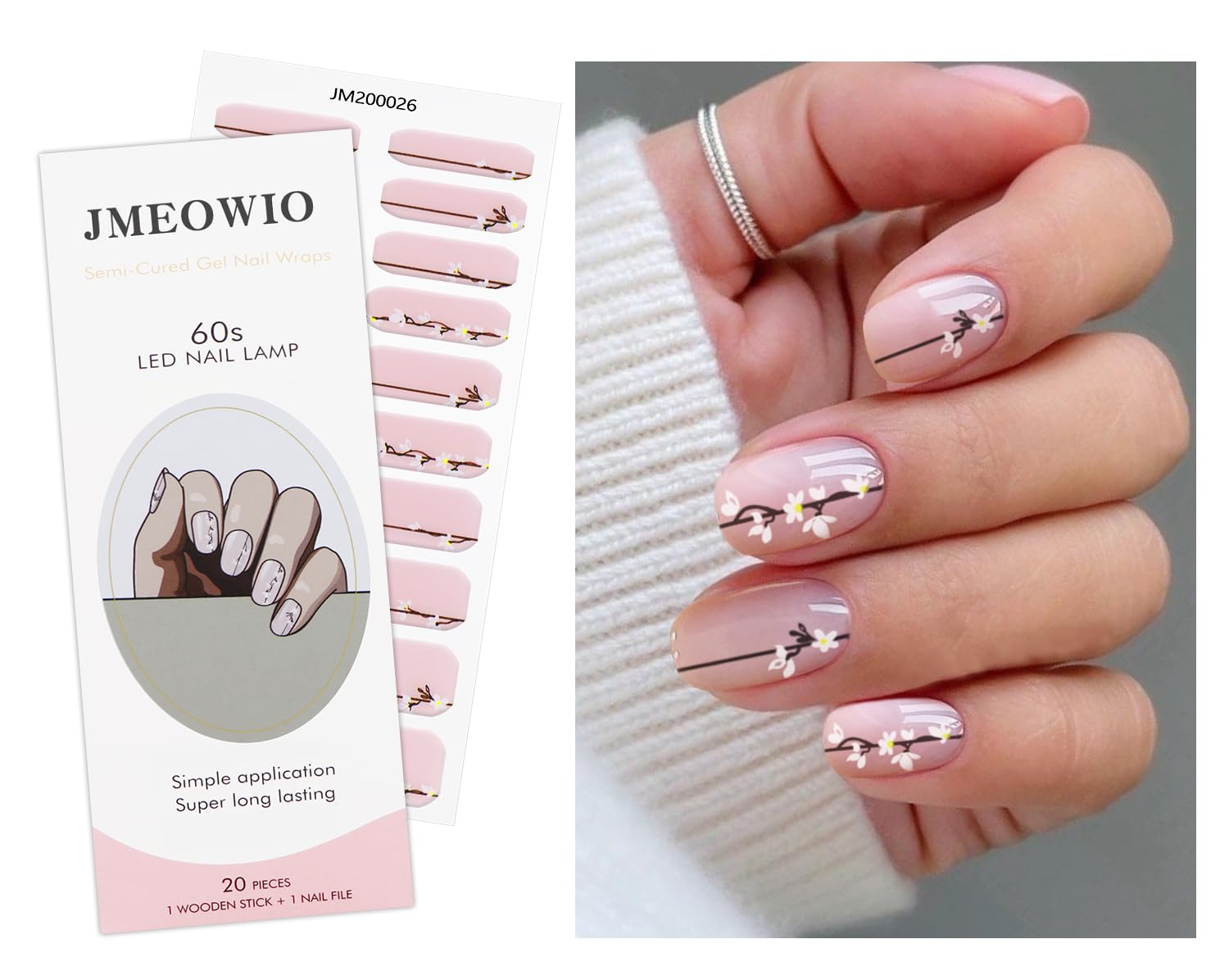JMEOWIO White Flower Semi-Cured Gel Nail Stickers - UV/LED Cured Nail Strips for DIY Nail Art Designs | Perfect for Home Manicures, Bridal Nails & Salon Nail Decorations