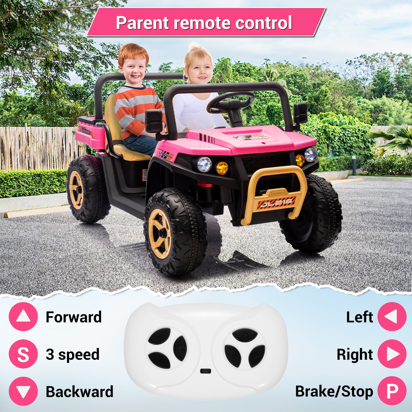 GARVEE 24V Electric Ride On Dump Truck for Kids - 2 Seater Battery Powered UTV Toy with 4x35W Motors, Shovel, Bluetooth, Remote Control, Music & LED Lights - Perfect for Boys & Girls Outdoor Play (Pink)