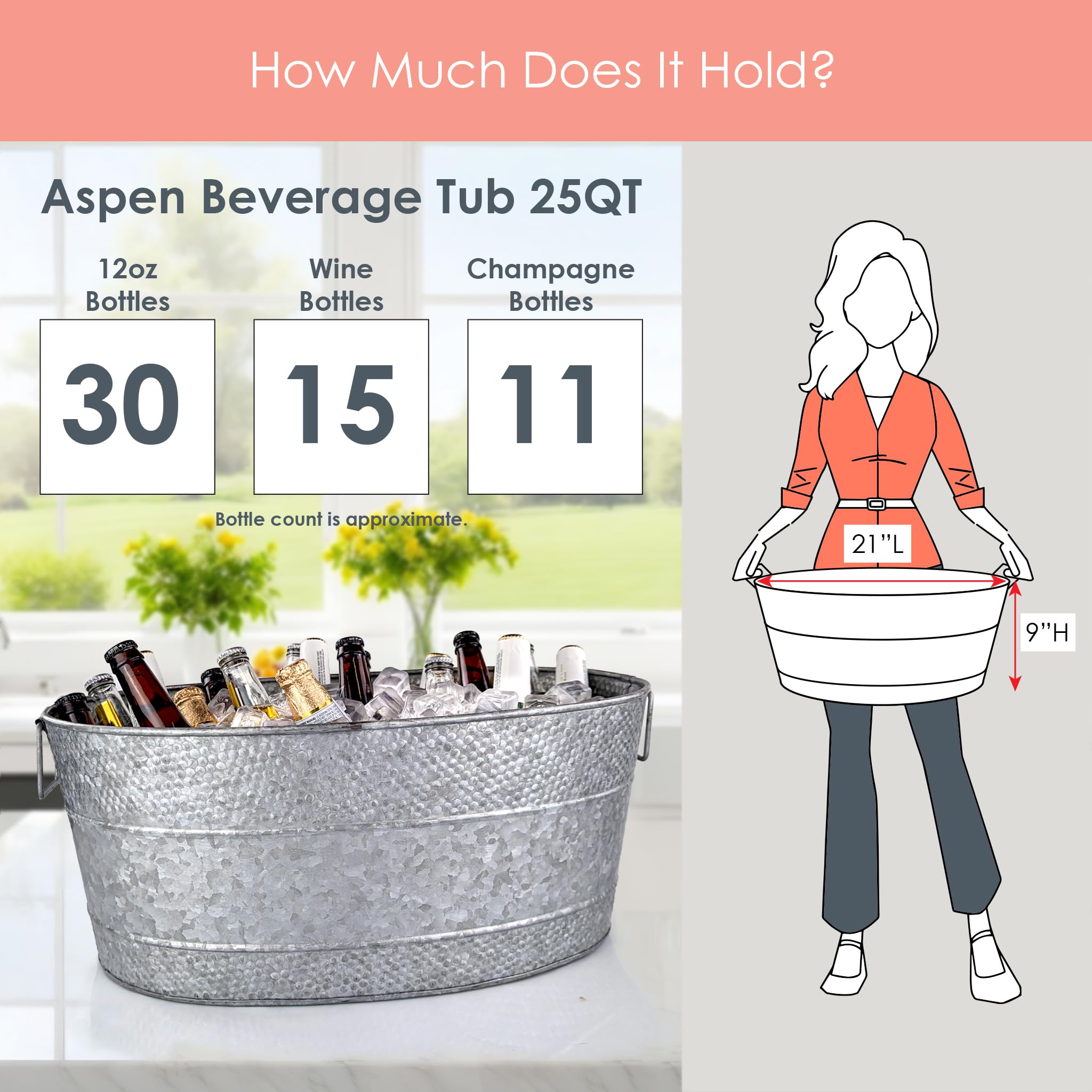 BREKX Aspen 25-Quart Galvanized Beverage Tub with Stand - 6 Gallon Drink Cooler Bucket for Parties, Outdoor Events & BBQs - Leak, Dent & Rust Resistant - Includes Handles & Cooler Stand - Ash Gray