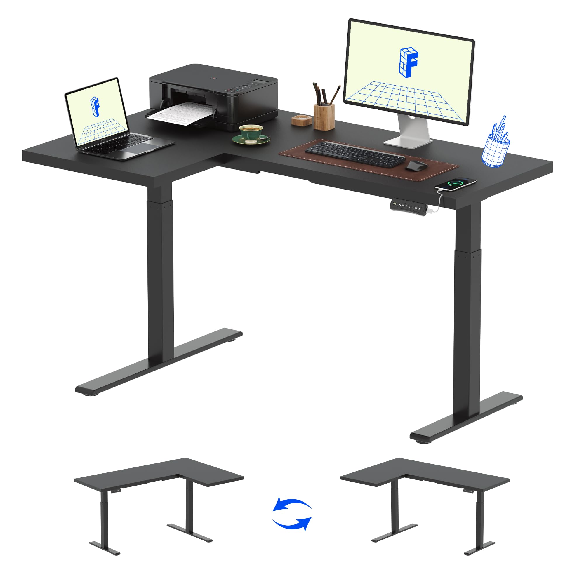 FLEXISPOT Pro Corner Desk - Dual Motor L-Shaped Electric Standing Desk, Height Adjustable Sit Stand Computer Desk with Splice Board, 63x40 Inches, Black (2 Packages) - Perfect for Home Office, Gaming & Workspace Setup
