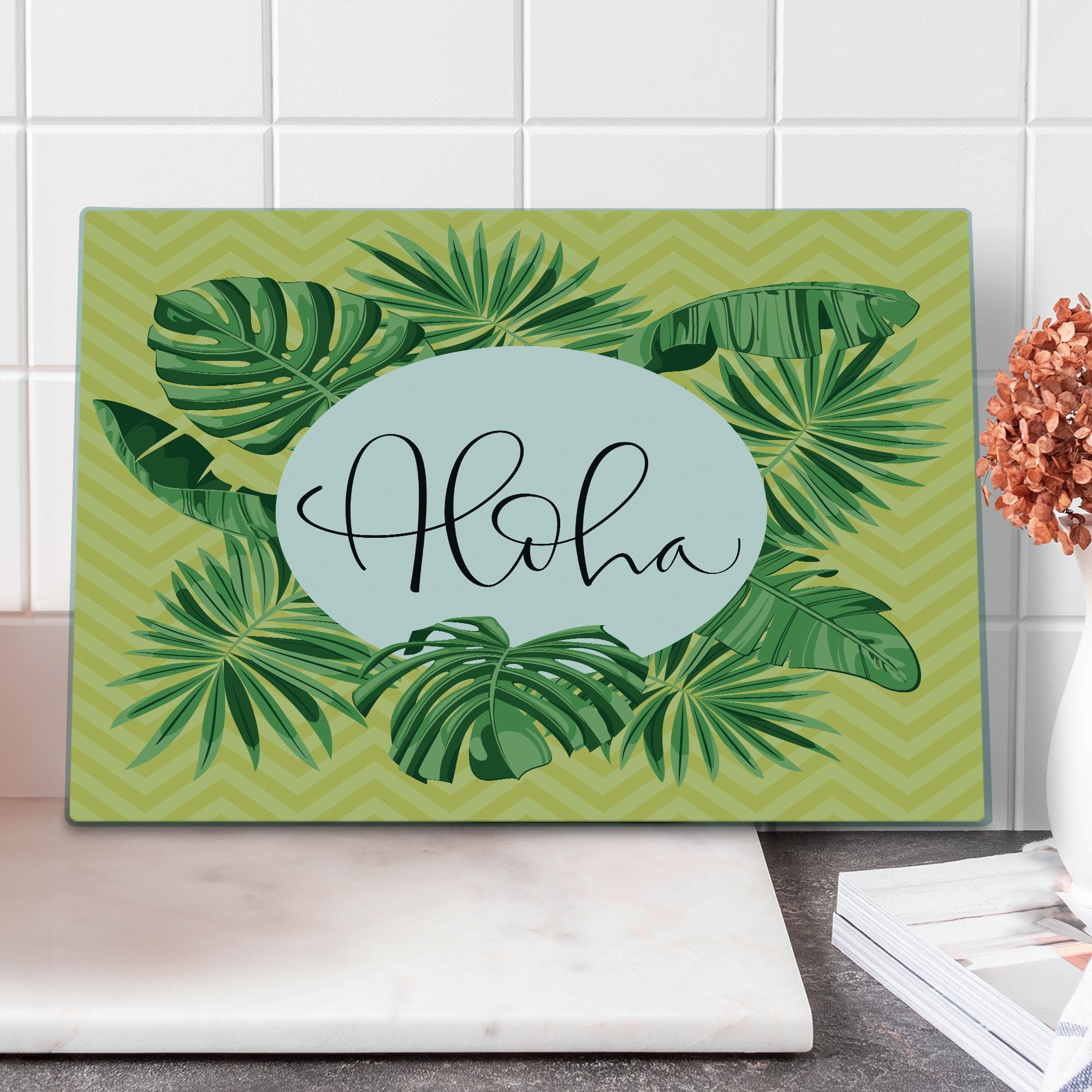 Ambesonne Aloha Tempered Glass Cutting Board - Exotic Monstera Leaf Jungle Pattern with Chevron Zigzags - Large Decorative Serving Board in Fern Green, Charcoal Grey & Pastel Brown - Perfect for Kitchen Prep, Charcuterie Displays & Tropical Themed Parties
