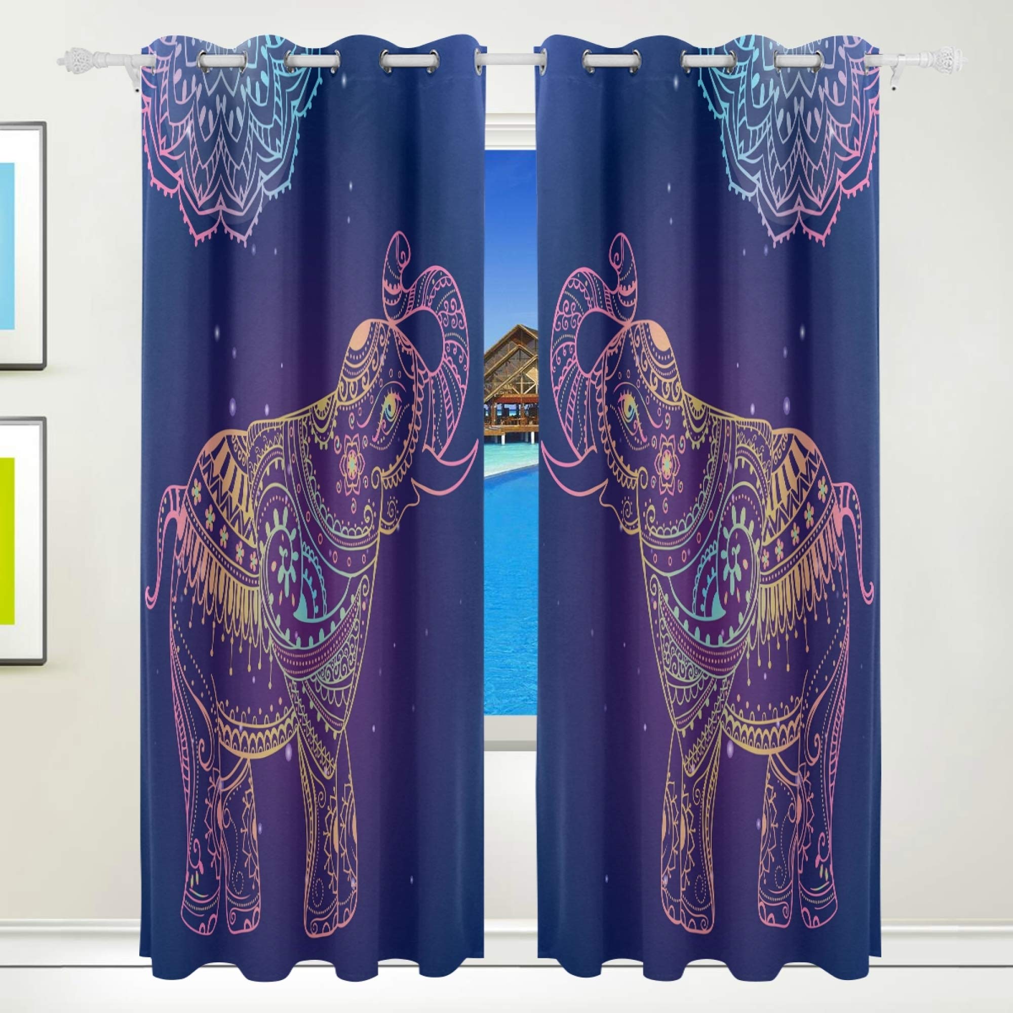 Blackout Curtains 2 Panels - Floral Lotus Elephant Design, 72 Inch Length, Room Darkening Window Drapes with Grommets for Bedroom & Living Room | Perfect for Light Blocking, Privacy & Home Decor