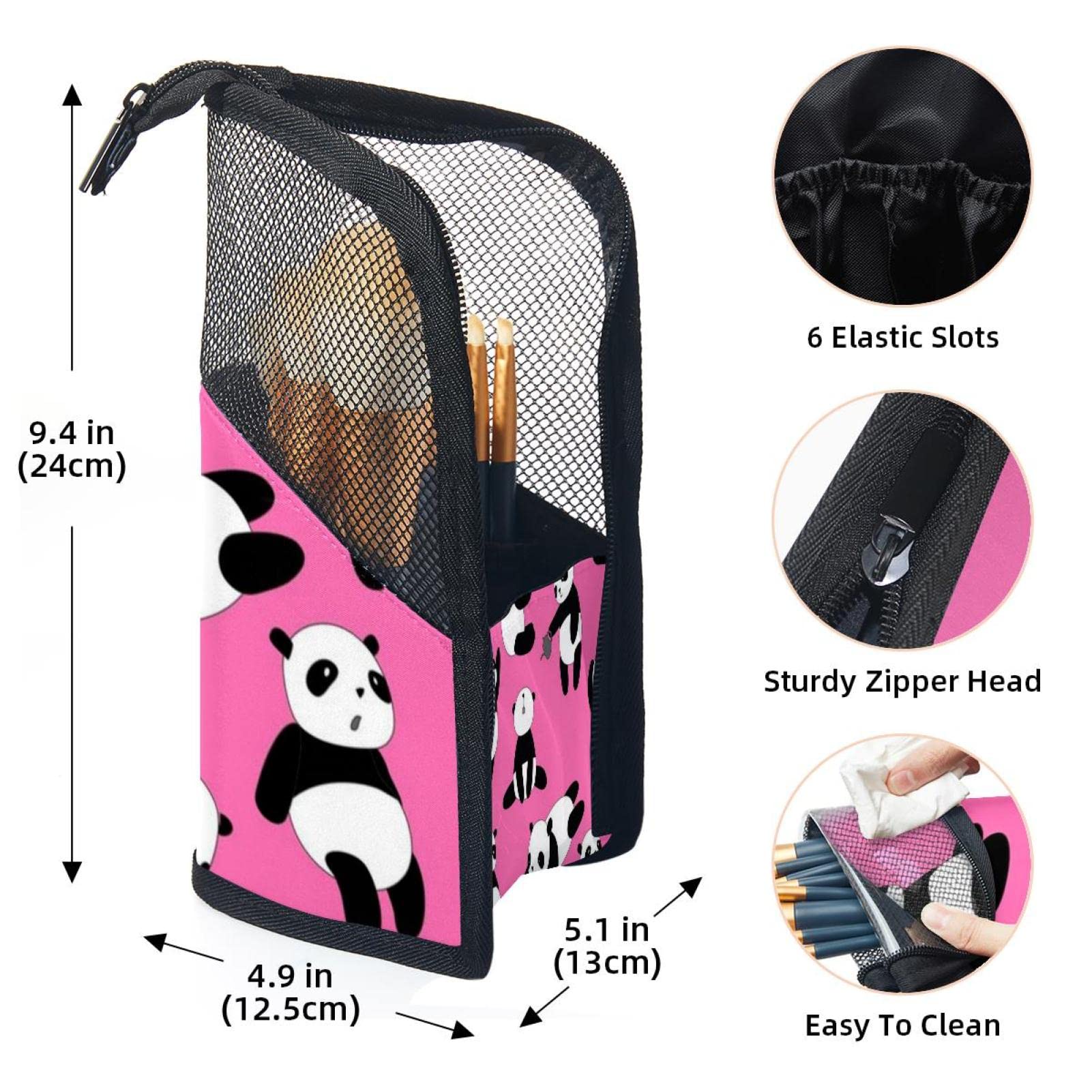 12-Piece Makeup Brush Organizer Bag with Happy Pink Panda Design - Portable Makeup Brush Holder Case for Travel & Home Storage