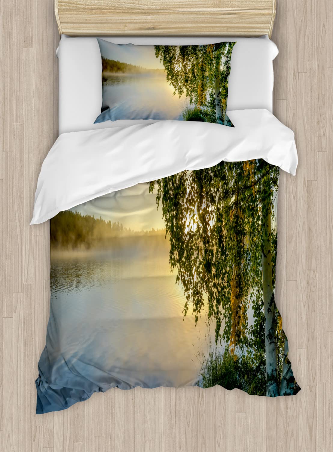 Ambesonne Nature Twin Duvet Cover Set - Sunny Day Misty Lake Tree Summer Landscape Bedding, 2-Pack with 2 Duvet Covers & 2 Pillowcases, Fern Green - Perfect for Summer Bedroom Decor & Guest Room Styling