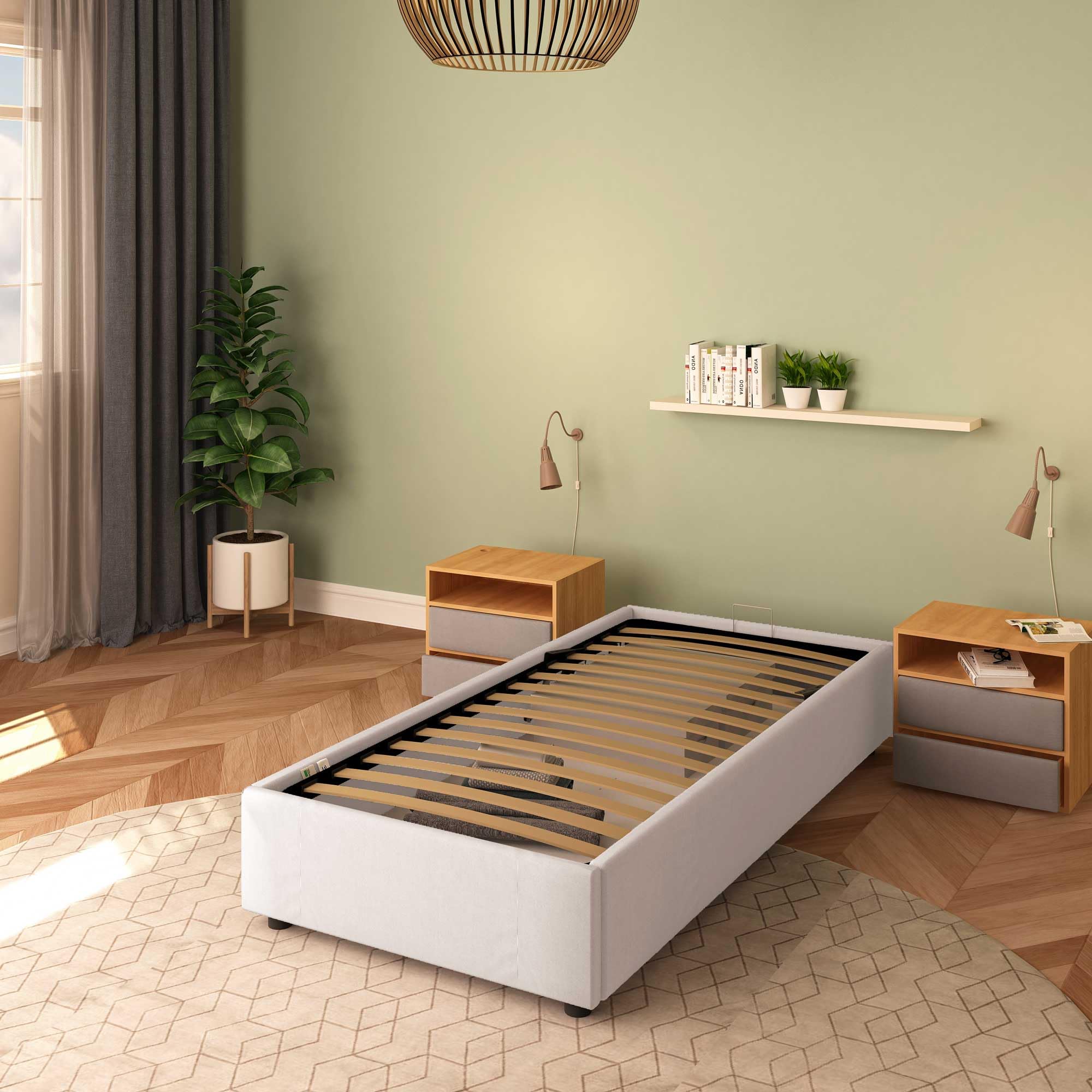 Baldiflex Cloe Square and Half Bed with Storage Container, Fabric Upholstery, No Headboard, Slatted Base for Mattresses, 100 x 200 cm, Light Gray - Perfect for Small Bedrooms, Guest Rooms, and Studio Apartments