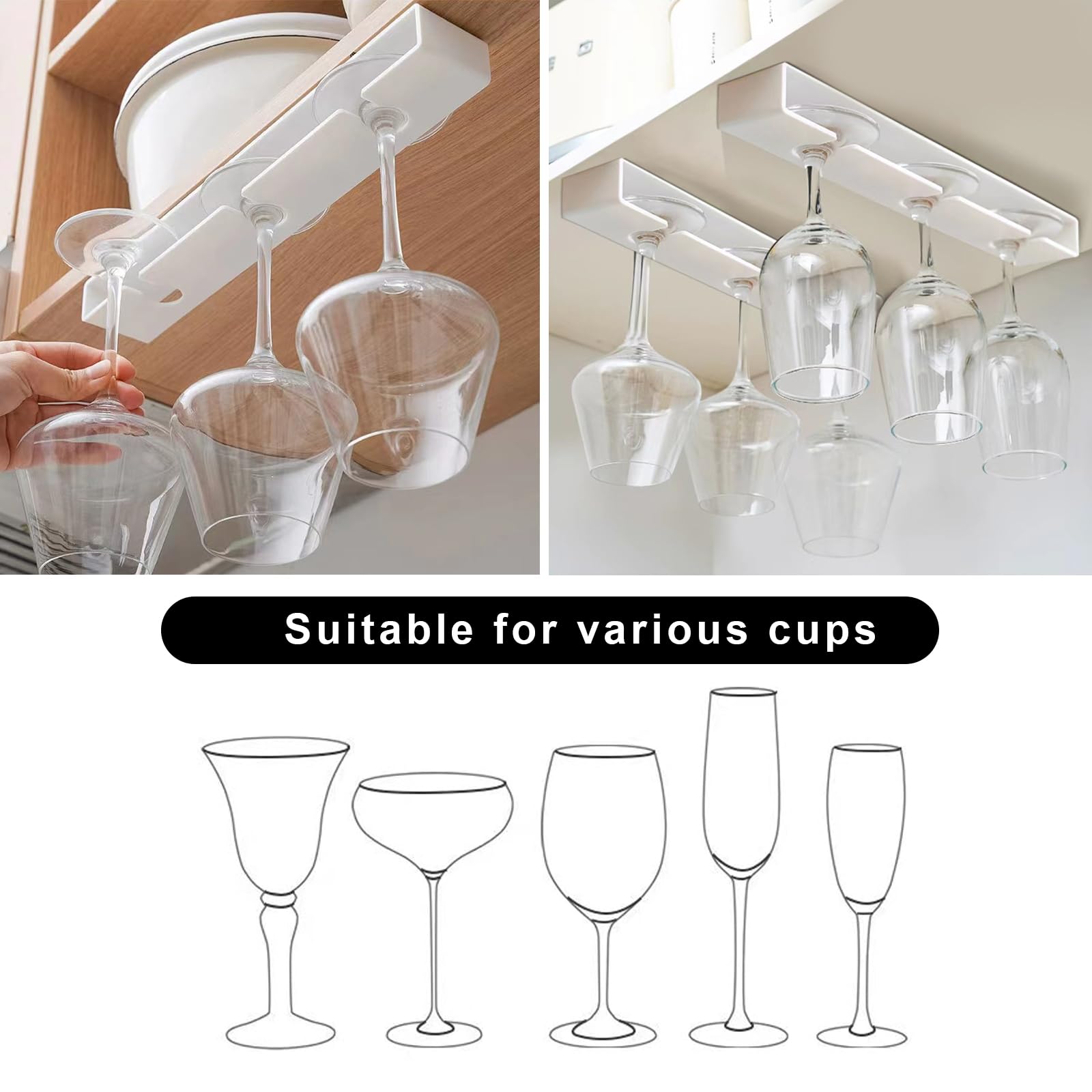 Stemware Rack Organizer - 2 Pack No Drill Wine Glass Holder Under Cabinet, Hanging Stemware Rack for Bar & Kitchen (Classic White) - Perfect for Wine Storage, Party Serving & Small Space Organization