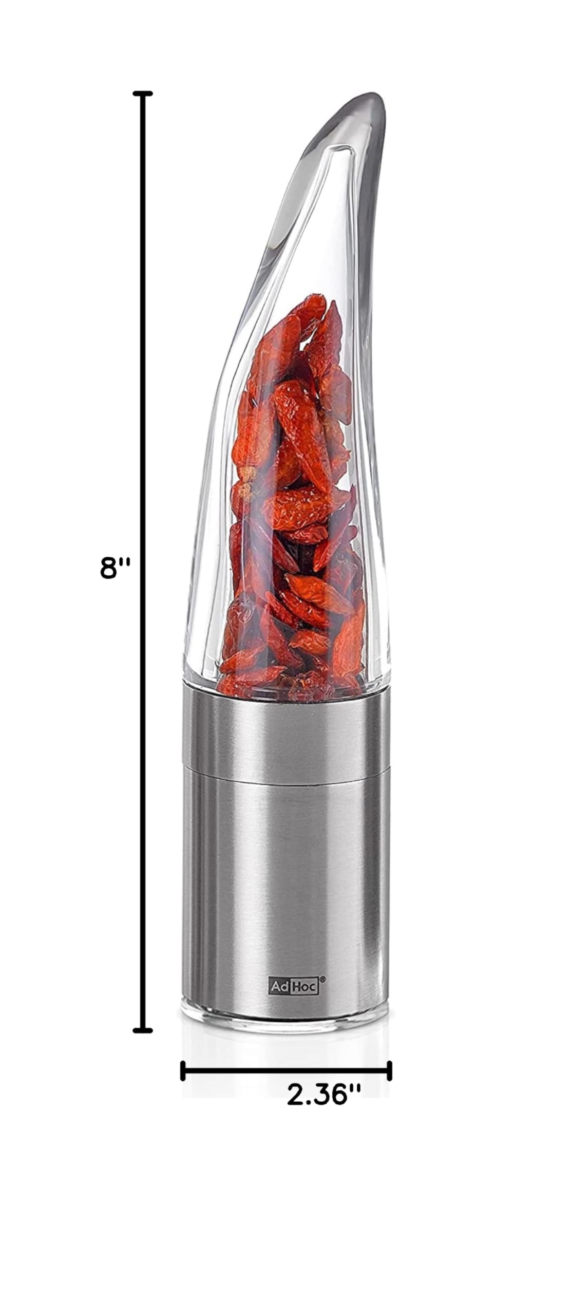 AdHoc Pepe Chili Cutter and Spice Grinder - Stainless Steel & Acrylic Manual Mill for Dried Chili, Herbs & Spices - Easy Clean with Stainless Steel Blades - Perfect for Cooking, Baking & Seasoning Dishes