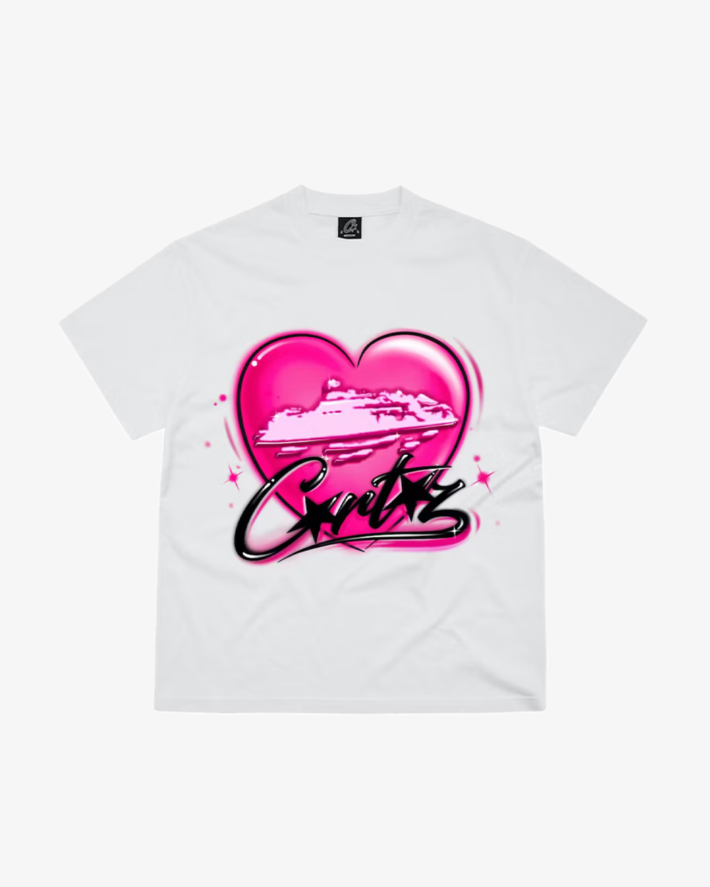Corteiz Pink Heart White T-Shirt - Women's Casual Graphic Tee for Streetwear & Summer Outfits