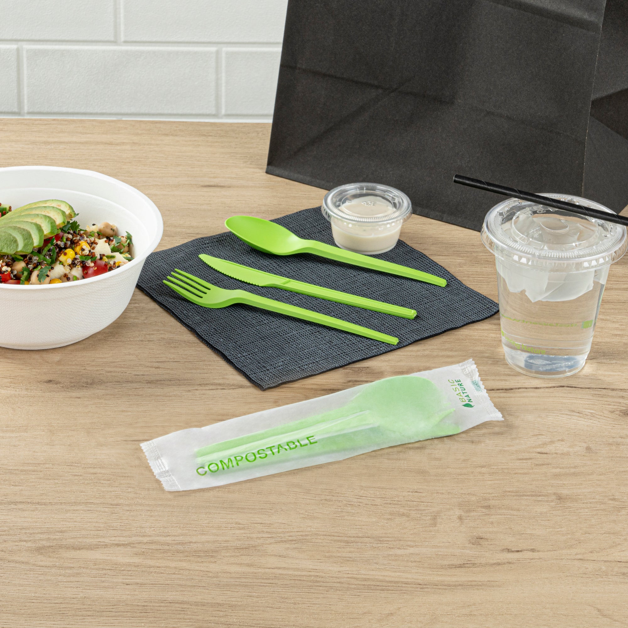 Eco-Friendly Compostable CPLA Plastic Cutlery Set - 100-Piece Heat Resistant Utensils with Biodegradable Wrapper (6.5
