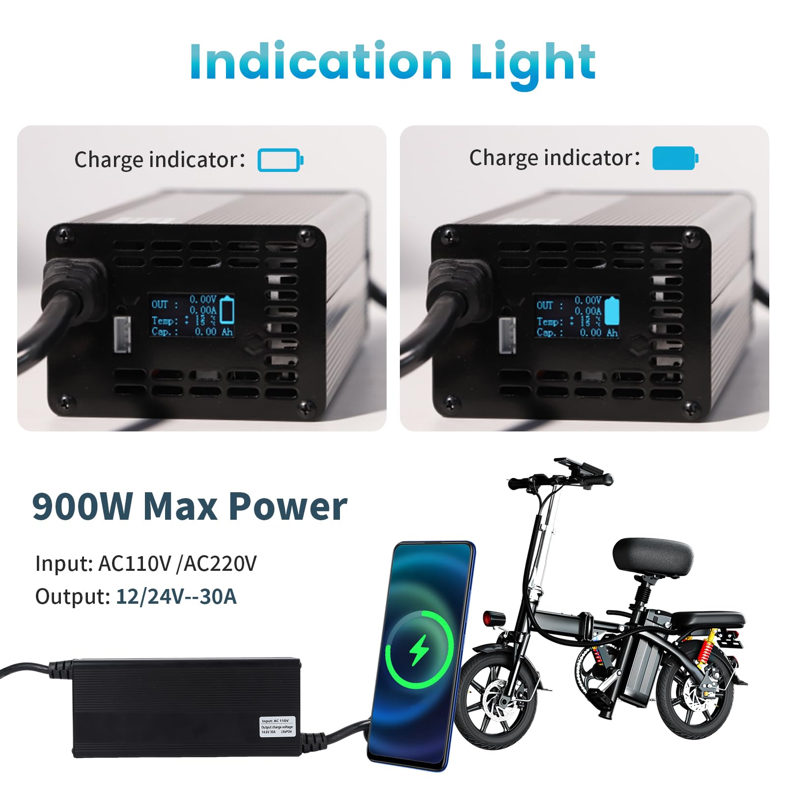30Amp 12V/24V LiFePO4 Lithium Battery Charger with OLED Display - Fast Charging for Electric Motorcycles, Scooters, Golf Carts & RVs - Perfect for Home, Garage & Outdoor Use