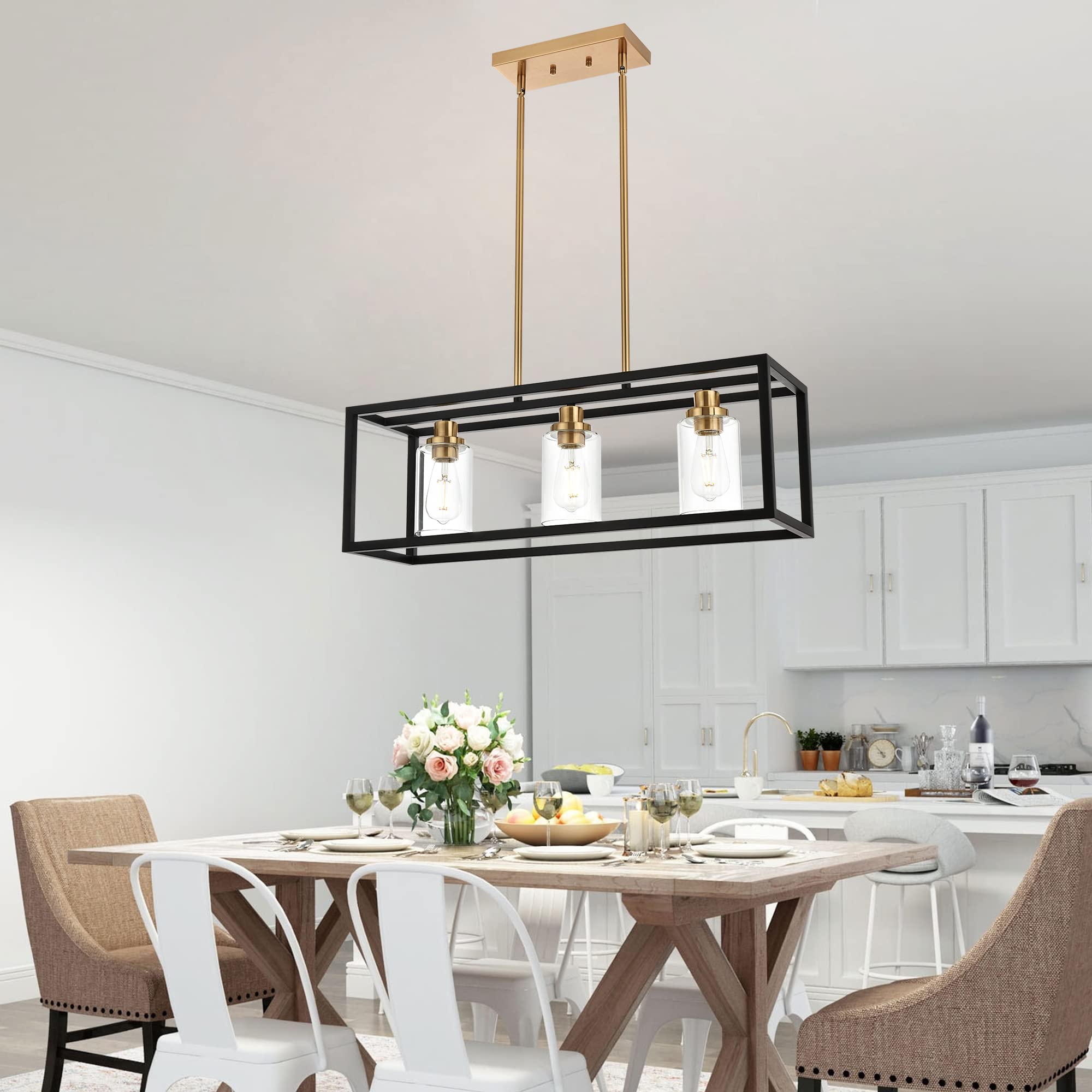 Modern Black Rectangle 3-Light Linear Pendant Chandelier - Kitchen Island Lighting with Clear Glass Shade & Brass Socket, E26 Base - Perfect for Dining Room, Kitchen Counter, and Breakfast Nook Lighting
