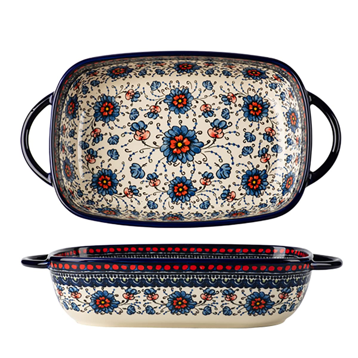 Vintage Style Ceramic Casserole Dish - 60oz Large Capacity Baking Pan for Lasagna, Casseroles & Oven Cooking - Heavy Duty Pottery Bakeware with Handles - Perfect for Family Dinners, Holiday Meals & Kitchen Baking