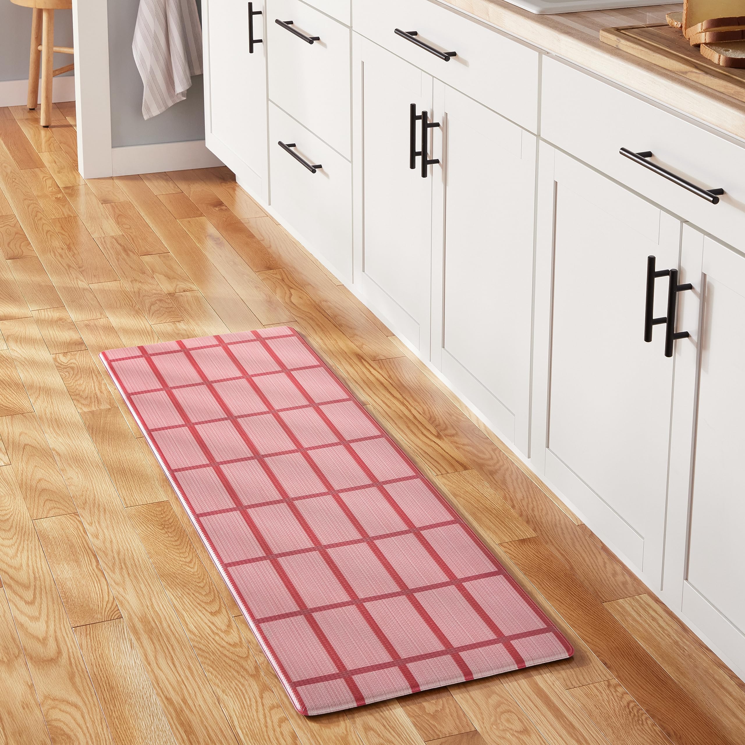 TOWN & COUNTRY BASICS Comfort Plus Anti-Fatigue Kitchen Mat - Non-Slip Plaid Runner Rug for Standing Desk, Office, Dorm Room - Red Windowpane Design 18