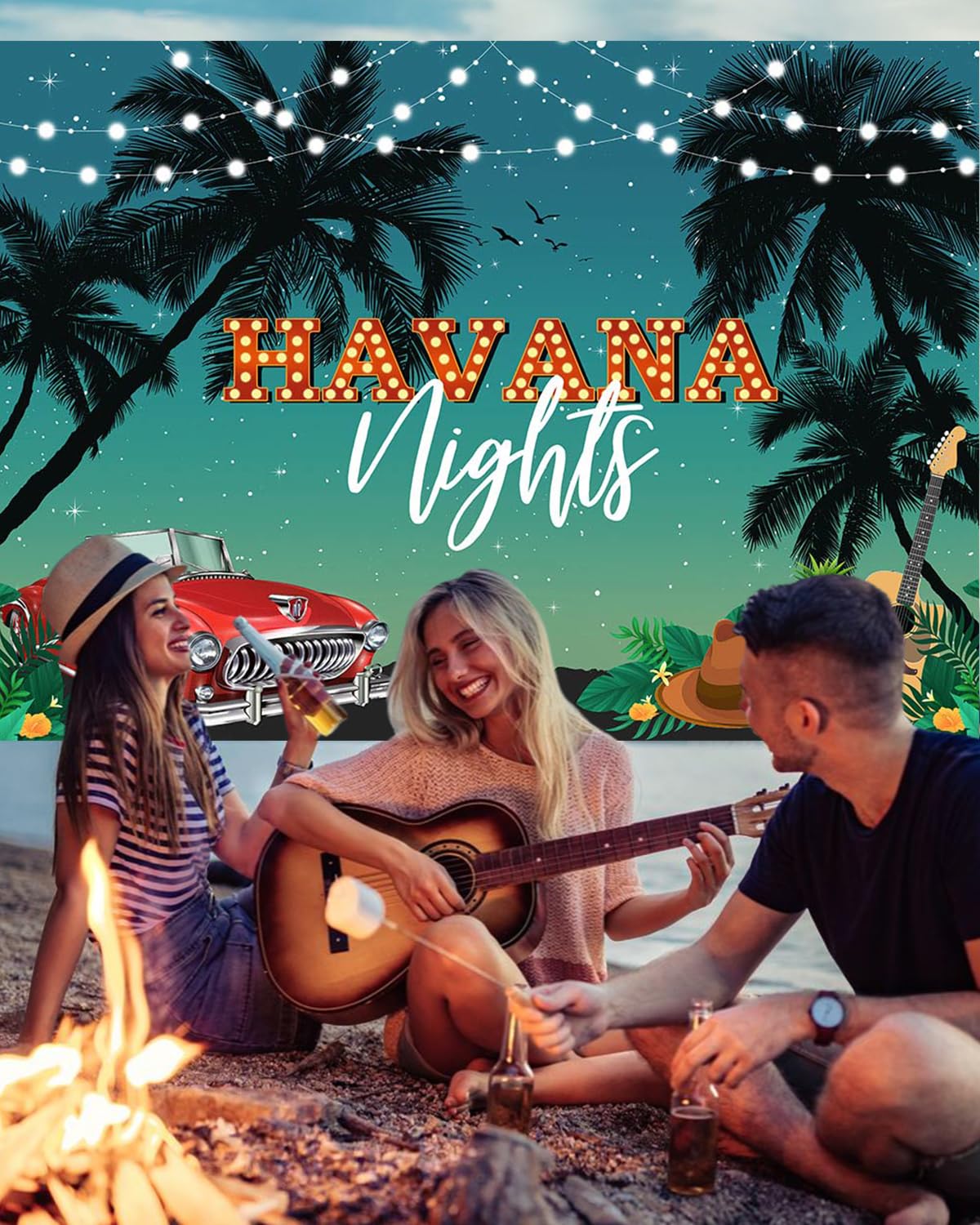 Havana Nights Backdrop - 7x5ft Tropical Palm Tree Sunset Photography Background for Summer Hawaiian Beach Party, Cuban Theme Decor, Cake Table & Photo Props | Perfect for Weddings, Birthdays & Events