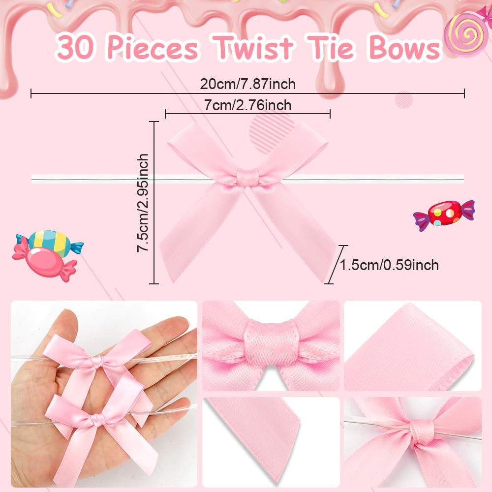 30 Pack Pink Satin Twist Tie Bows - Small Mini Bowknots for DIY Crafts, Valentine Gifts, Treat Bags & Cookie Decorations | Perfect for Gift Wrapping, Party Favors, and Bakery Packaging