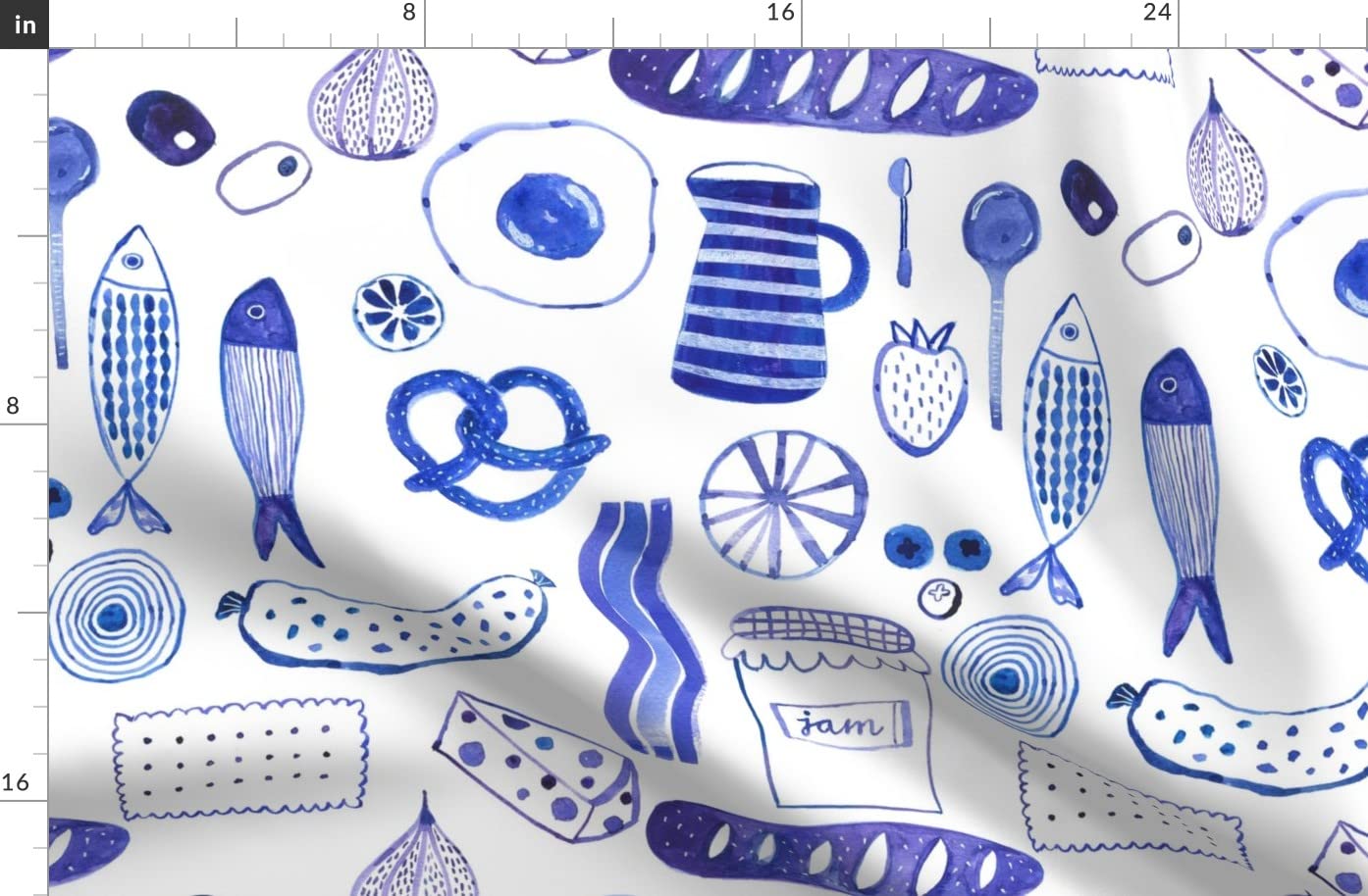 Appetit Blue Fish Food Breakfast Platter Printed Denim Fabric by The Yard - Bottomweight Cotton for Apparel, Home Decor & Upholstery - Perfect for DIY Sewing Projects, Curtains, and Table Runners