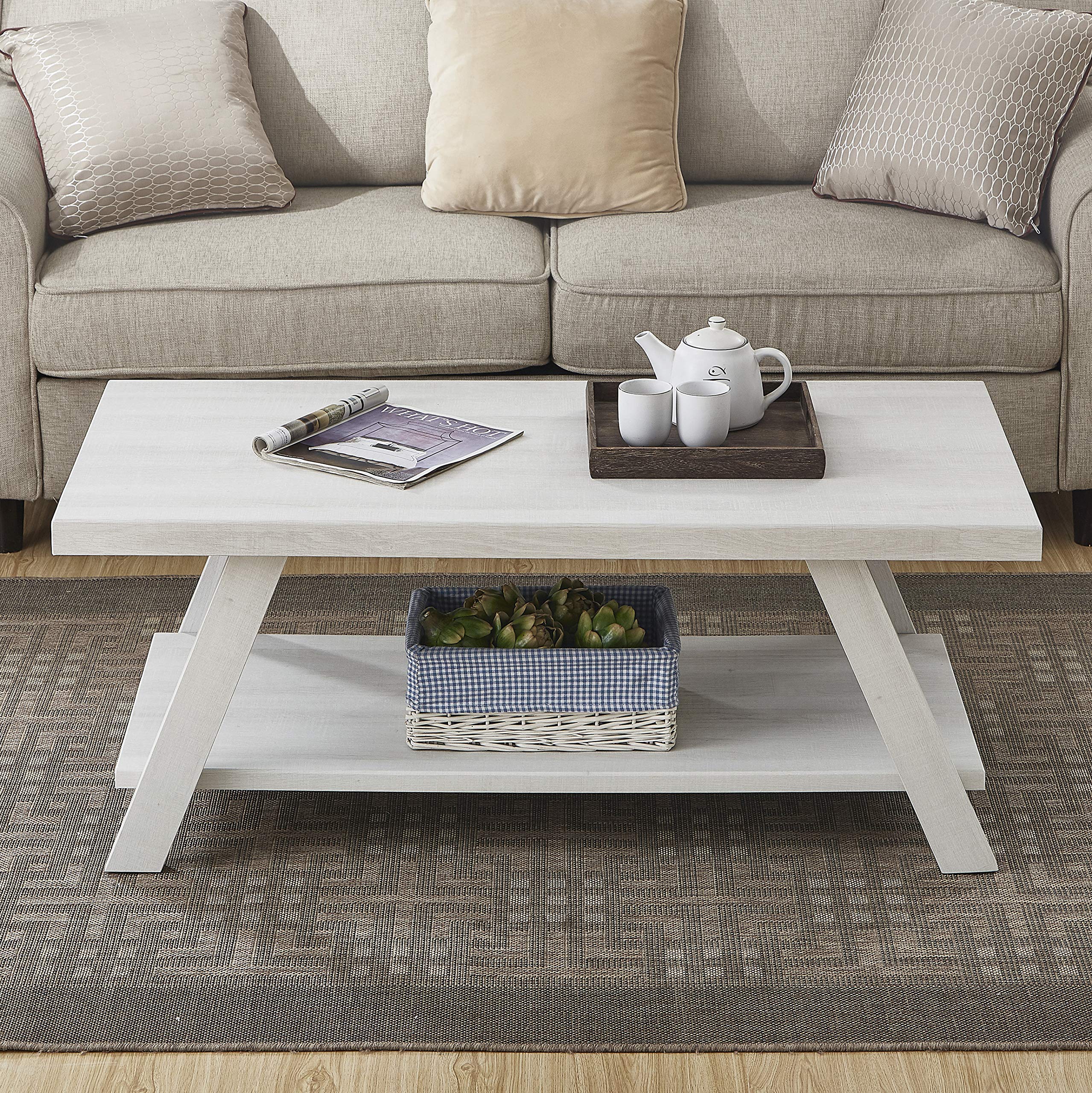 Roundhill Furniture Athens Contemporary Wood Shelf Coffee Table - White - Modern Living Room Centerpiece for Books, Decor & Storage