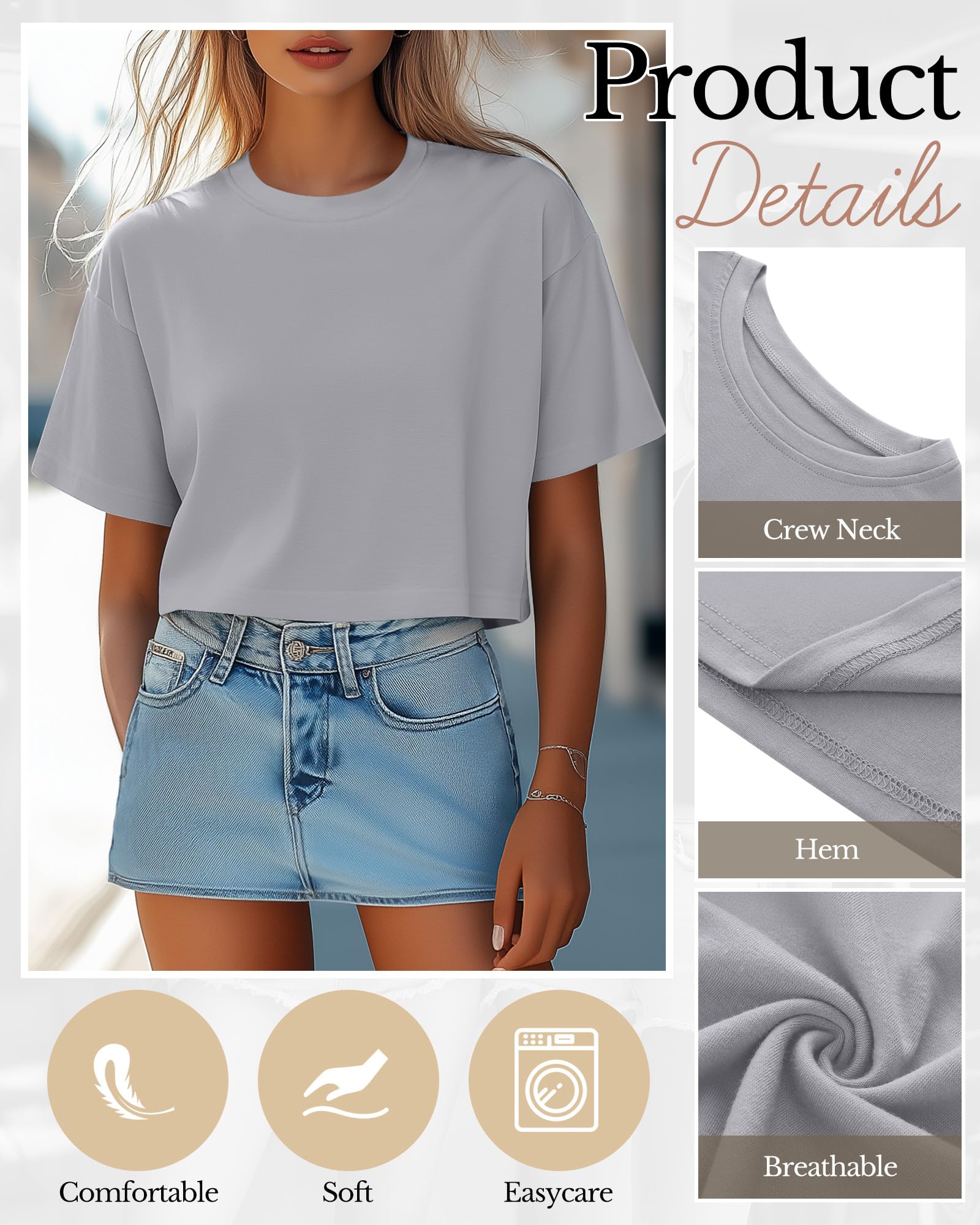Riyiper 4 Pack Women's Half Sleeve Crop Tops - Casual Crew Neck Plain T-Shirts for Spring & Summer | Perfect for Yoga, Workout & Everyday Wear